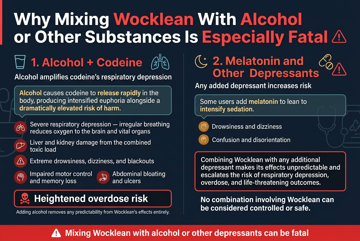 Create a clean, professional medical safety infographic in a full-bleed 3:2 landscape layout, with a dark navy background, white text, red warning accents, and teal/amber secondary accents. Use modern sans-serif fonts with a bold, high-contrast title at the top left.TOP HEADER:
Large bold title in white and red: "Why Mixing Wocklean With Alcohol or Other Substances Is Especially Fatal"
Add a small red warning triangle icon near the title.MAIN LAYOUT:
Use a wide two-column structure across the page, with the left column for alcohol interactions and the right column for melatonin and other depressants. Include clear section headers, icon bullets, and simple medical warning visuals.LEFT COLUMN SECTION:
Header in red: "1. Alcohol + Codeine"
Place a glass icon and a breathing-lungs icon beside this section.
Include a short subtitle in white: "Alcohol amplifies codeine's respiratory depression"Under it, show a highlighted callout box with this text:
"Alcohol causes codeine to release rapidly in the body, producing intensified euphoria alongside a dramatically elevated risk of harm."Add three stacked warning bullets with red icons:
• "Severe respiratory depression — irregular breathing reduces oxygen to the brain and vital organs"
• "Liver and kidney damage from the combined toxic load"
• "Extreme drowsiness, dizziness, and blackouts"Add two more smaller bullets beneath with icons:
• "Impaired motor control and memory loss"
• "Abdominal bloating and ulcers"At the bottom of this left section, add a bold red danger strip with a skull icon and this text:
"Heightened overdose risk"
Below it, include a smaller white line:
"Adding alcohol removes any predictability from Wocklean's effects entirely."RIGHT COLUMN SECTION:
Header in amber/red: "2. Melatonin and Other Depressants"
Place a moon icon, pill icon, and warning symbol.
Include a short subtitle in white: "Any added depressant increases risk"Add a highlighted callout box with this text:
"Some users add melatonin to lean to intensify sedation."Under it, show two stacked bullets with amber icons:
• "Drowsiness and dizziness"
• "Confusion and disorientation"At the bottom of this section, add a bold red warning box with this text:
"Combining Wocklean with any additional depressant makes its effects unpredictable and escalates the risk of respiratory depression, overdose, and life-threatening outcomes."
Add a final bold line beneath:
"No combination involving Wocklean can be considered controlled or safe."BOTTOM FOOTER:
Across the full width, add a strong red emergency banner with a small alert icon and this text:
"Mixing Wocklean with alcohol or other depressants can be fatal"STYLE:
Use clean spacing, clear hierarchy, large readable text, subtle medical line-art background elements, and high-contrast warning panels. Keep all text sharp and fully legible. Include no people, no brand logos, and no clutter.