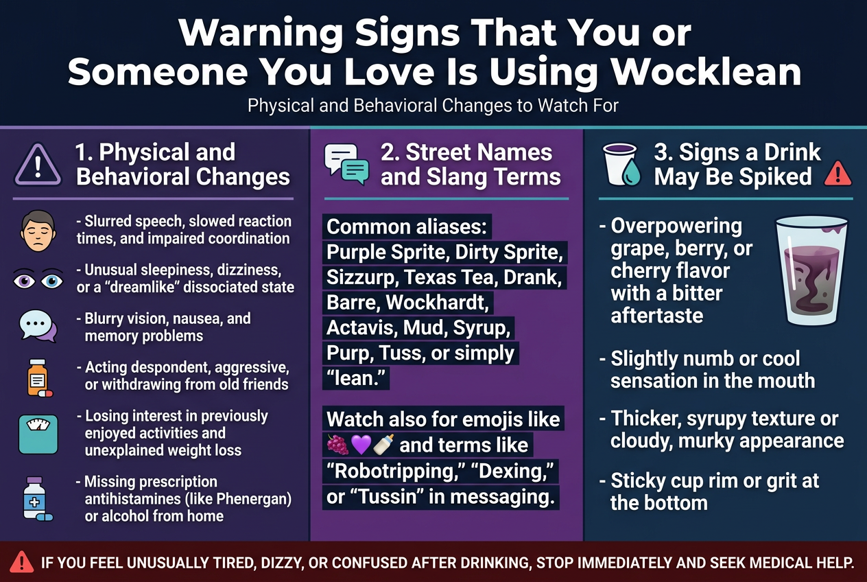 Create a full-bleed clean professional infographic in a wide 3:2 aspect ratio, with a dark navy background, purple and teal accent colors, white bold sans-serif typography, and clear section hierarchy.Top header across the full width:
Large bold title centered: "Warning Signs That You or Someone You Love Is Using Wocklean"
Small subtitle underneath: "Physical and Behavioral Changes to Watch For"Main layout: three wide horizontal sections or three side-by-side panels with icons, using a modern medical/public-health infographic style.LEFT PANEL: "1. Physical and Behavioral Changes"
Use a warning triangle icon and small illustrated symbols of a face, eyes, speech bubble, pill bottle, and scale. Include these bullet points:
- "Slurred speech, slowed reaction times, and impaired coordination"
- "Unusual sleepiness, dizziness, or a 'dreamlike' dissociated state"
- "Blurry vision, nausea, and memory problems"
- "Acting despondent, aggressive, or withdrawing from old friends"
- "Losing interest in previously enjoyed activities and unexplained weight loss"
- "Missing prescription antihistamines (like Phenergan) or alcohol from home"CENTER PANEL: "2. Street Names and Slang Terms"
Use a chat bubble icon, text message icon, and small emoji cluster 🍇💜🍼. Display the text in bold highlight blocks:
"Common aliases:"
"Purple Sprite, Dirty Sprite, Sizzurp, Texas Tea, Drank, Barre, Wockhardt, Actavis, Mud, Syrup, Purp, Tuss, or simply 'lean.'"
"Watch also for emojis like 🍇💜🍼 and terms like 'Robotripping,' 'Dexing,' or 'Tussin' in messaging."RIGHT PANEL: "3. Signs a Drink May Be Spiked"
Use a cup icon, droplet icon, and alert symbol. Include a stylized drink glass with murky syrup inside and these bullet points:
- "Overpowering grape, berry, or cherry flavor with a bitter aftertaste"
- "Slightly numb or cool sensation in the mouth"
- "Thicker, syrupy texture or cloudy, murky appearance"
- "Sticky cup rim or grit at the bottom"Bottom strip spanning the full width:
Bold red alert box with white text:
"IF YOU FEEL UNUSUALLY TIRED, DIZZY, OR CONFUSED AFTER DRINKING, STOP IMMEDIATELY AND SEEK MEDICAL HELP."Use clean divider lines between sections, strong visual icons next to each heading, and balanced spacing. Make the layout readable, organized, and high-contrast, with no border frame and no centered narrow poster stack.