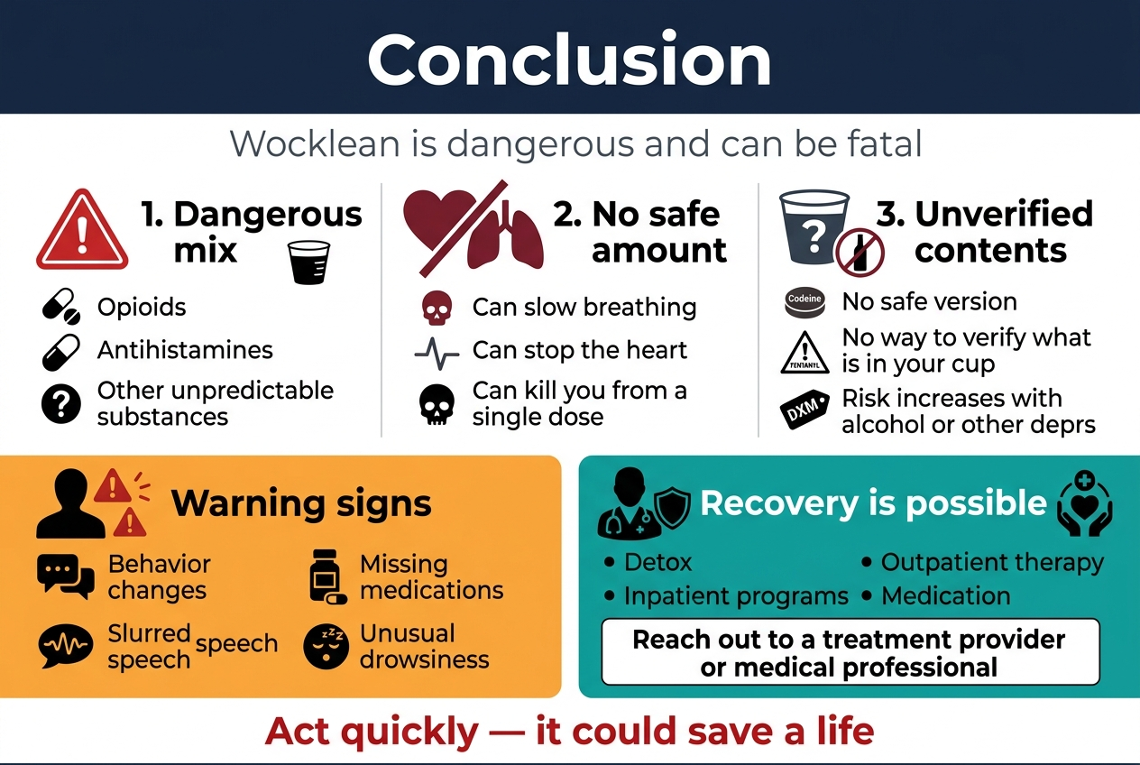 Create a wide 3:2 full-bleed infographic illustration with a clean, professional public-health style, dark navy and white background with red and orange warning accents, teal and blue support accents, modern sans-serif fonts, strong visual hierarchy, and no inset frame.Top header across the full width:
Large bold title text: "Conclusion"
Smaller subtitle text beneath: "Wocklean is dangerous and can be fatal"Main layout in three wide horizontal sections with icons and numbered blocks:Left section titled in bold red: "1. Deadly Risks"
Use a warning triangle icon, a heartbeat line icon, and a respiratory lungs icon.
Include short bullet text:
"Opioids, antihistamines, and unpredictable substances"
"Can slow breathing"
"Can stop the heart"
"Can kill from a single dose"
"No safe amount"
"Cannot verify what is in the cup"
"Risk increases with alcohol or other depressants"Center section titled in bold amber: "2. Warning Signs"
Use a person silhouette icon with alert symbols, a pill bottle icon, and a speech bubble icon.
Include short bullet text:
"Behavioral changes"
"Missing medications"
"Slurred speech"
"Unusual drowsiness"
"Signs can worsen without help"Right section titled in bold teal: "3. Recovery and Help"
Use a medical cross icon, a shield icon, and a phone/help icon.
Include short bullet text:
"Addiction does not go away on its own"
"Recovery is possible"
"Detox"
"Inpatient programs"
"Outpatient therapy"
"Medication"
"Reach out to a treatment provider or medical professional"
"Taking action could save a life"Add a bottom horizontal banner with bold text:
"Get help now"Use clear section dividers, balanced spacing, large readable text, minimal decorative elements, and simple flat vector icons. Ensure the infographic feels urgent, informative, and supportive, with the most emphasis on danger and the call to seek professional help.