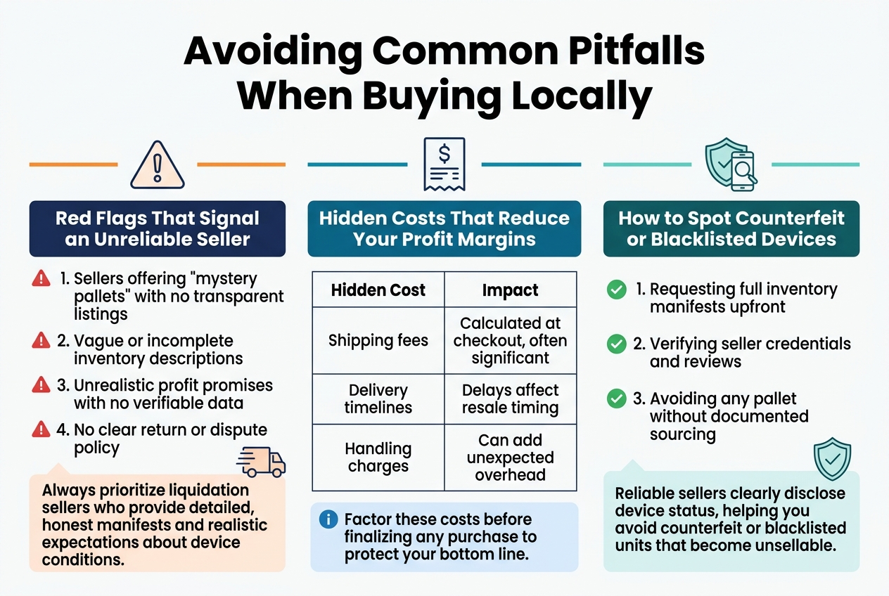 Create a full-bleed landscape infographic in 3:2 aspect ratio, clean professional modern style, white background with navy blue, teal, and orange accents, bold sans-serif typography, clear hierarchy, subtle line icons, no border frame. Top center: large bold title text: "Avoiding Common Pitfalls When Buying Locally" Below the title, divide the layout into 3 wide horizontal sections across the page, each with a colored header bar and matching icon. LEFT SECTION, top-left block with a warning triangle icon and header: "Red Flags That Signal an Unreliable Seller" Place four numbered bullet points with small red warning icons: 1. Sellers offering "mystery pallets" with no transparent listings 2. Vague or incomplete inventory descriptions 3. Unrealistic profit promises with no verifiable data 4. No clear return or dispute policy Add a short closing line beneath in a highlighted callout box: "Always prioritize liquidation sellers who provide detailed, honest manifests and realistic expectations about device conditions." MIDDLE SECTION, center block with a dollar sign / receipt icon and header: "Hidden Costs That Reduce Your Profit Margins" Show a simple 3-row table with two columns, clean grid lines, and bold column headers: "Hidden Cost" | "Impact" "Shipping fees" | "Calculated at checkout, often significant" "Delivery timelines" | "Delays affect resale timing" "Handling charges" | "Can add unexpected overhead" Add a bottom note in a blue info box: "Factor these costs before finalizing any purchase to protect your bottom line." RIGHT SECTION, top-right block with a shield / smartphone inspection icon and header: "How to Spot Counterfeit or Blacklisted Devices" List three numbered bullets with green check icons: 1. Requesting full inventory manifests upfront 2. Verifying seller credentials and reviews 3. Avoiding any pallet without documented sourcing Add a closing line in a light teal callout box: "Reliable sellers clearly disclose device status, helping you avoid counterfeit or blacklisted units that become unsellable." Use a clear visual flow from left to right, with section dividers, balanced spacing, and easy-to-read text. Include small phone, pallet, checklist, shipping truck, and shield icons near the relevant sections. Keep all text sharp, legible, and exactly as written.