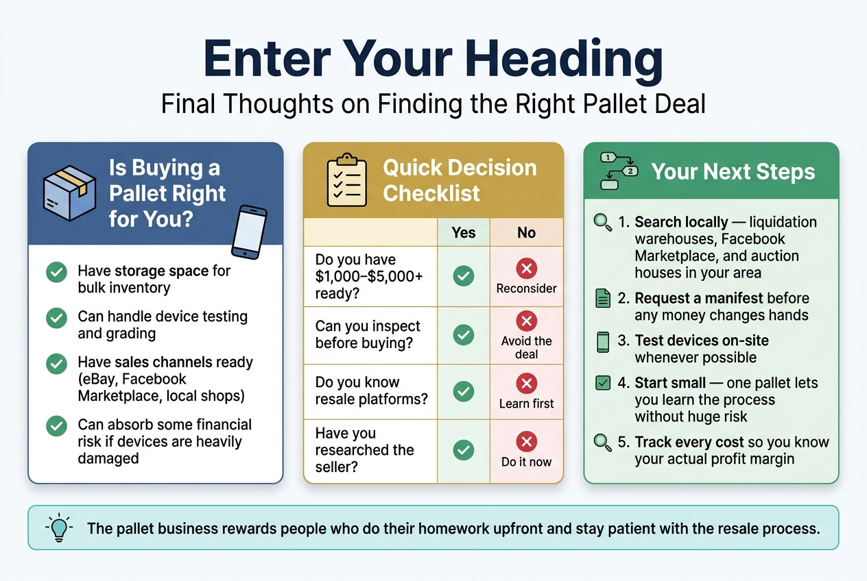 Create a clean professional full-bleed infographic illustration in a 3:2 aspect ratio with a wide horizontal layout, modern sans-serif fonts, and a polished ecommerce/resale business style. Use a white background with navy blue, teal, green, and gold accents. Place a bold large heading at the top center: "Enter Your Heading" with a smaller subtitle directly below: "Final Thoughts on Finding the Right Pallet Deal". Below the header, arrange three wide content sections across the canvas, using cards and icons, not a narrow vertical stack. Left section: a blue-tinted card titled "Is Buying a Pallet Right for You?" with a warehouse box icon and a smartphone icon. Include four bullet points with green check icons: "Have storage space for bulk inventory" "Can handle device testing and grading" "Have sales channels ready (eBay, Facebook Marketplace, local shops)" "Can absorb some financial risk if devices are heavily damaged" Center section: a gold-and-white decision card titled "Quick Decision Checklist" with a checklist icon and a 2-column table style layout. Show four rows with clear yes/no visual markers: "Do you have $1,000–$5,000+ ready?" — green check under "Yes" and red X under "No" with the word "Reconsider" "Can you inspect before buying?" — green check under "Yes" and red X under "No" with the word "Avoid the deal" "Do you know resale platforms?" — green check under "Yes" and red X under "No" with the word "Learn first" "Have you researched the seller?" — green check under "Yes" and red X under "No" with the word "Do it now" Make the Yes and No columns clearly labeled. Right section: a green-tinted card titled "Your Next Steps" with a numbered list and small step icons. Include: "1. Search locally — liquidation warehouses, Facebook Marketplace, and auction houses in your area" "2. Request a manifest before any money changes hands" "3. Test devices on-site whenever possible" "4. Start small — one pallet lets you learn the process without huge risk" "5. Track every cost so you know your actual profit margin" At the bottom spanning the full width, add a highlighted takeaway bar with a light teal background and a lightbulb icon, containing the sentence: "The pallet business rewards people who do their homework upfront and stay patient with the resale process." Use bold section headers, clear spacing, subtle shadows, simple line icons, and strong hierarchy. Keep all text crisp, legible, and exactly as written. Avoid clutter, use balanced multi-column composition, and make the infographic look informative, trustworthy, and easy to scan.