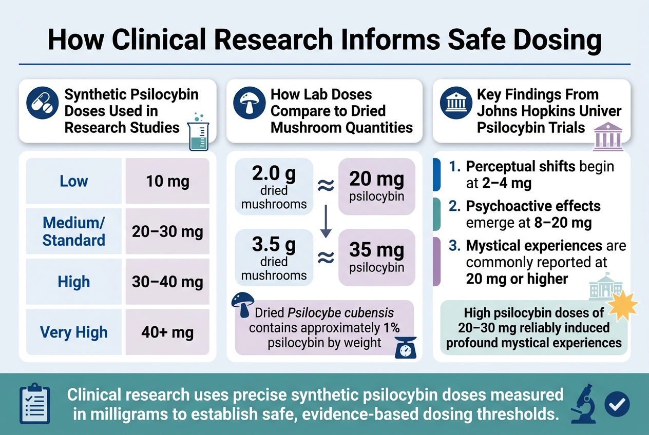 Create A Clean, Professional Full-Bleed Infographic Illustration In A 3:2 Aspect Ratio With A Modern Medical-Science Style, White Background With Deep Blue, Teal, And Soft Purple Accents, Bold Sans-Serif Typography, Clear Visual Hierarchy, And Wide Multi-Column Layout.

Top Header Across The Full Width:
Large Bold Title Centered At The Top: &Quot;How Clinical Research Informs Safe Dosing&Quot;
Add A Thin Blue Divider Line Beneath The Title.

Below The Title, Arrange Three Wide Horizontal Sections In A 3-Column Layout With Rounded Rectangles, Subtle Shadows, And Simple Scientific Icons.

Left Section:
Header With A Pill/Capsule Icon And The Heading: &Quot;Synthetic Psilocybin Doses Used In Research Studies&Quot;
Under It, A Clean Table-Style Block With Four Rows And Two Columns:
&Quot;Low&Quot; — &Quot;10 Mg&Quot;
&Quot;Medium/Standard&Quot; — &Quot;20–30 Mg&Quot;
&Quot;High&Quot; — &Quot;30–40 Mg&Quot;
&Quot;Very High&Quot; — &Quot;40+ Mg&Quot;
Include A Small Beaker And Calibrated Scale Icon Near The Section Title.
Use Blue Labels For Dose Levels And Dark Text For Milligram Values.

Center Section:
Header With A Mushroom Icon And The Heading: &Quot;How Lab Doses Compare To Dried Mushroom Quantities&Quot;
Show A Simple Vertical Conversion Graphic With Two Large Callouts Connected By An Arrow:
&Quot;2.0 G Dried Mushrooms ≈ 20 Mg Psilocybin&Quot;
&Quot;3.5 G Dried Mushrooms ≈ 35 Mg Psilocybin&Quot;
Add A Smaller Note Beneath In A Highlighted Box:
&Quot;Dried Psilocybe Cubensis Contains Approximately 1% Psilocybin By Weight&Quot;
Use A Mushroom Silhouette Icon, An Arrow, And A Small Weighing Scale Icon.

Right Section:
Header With A University/Building Icon And The Heading: &Quot;Key Findings From Johns Hopkins University Psilocybin Trials&Quot;
Display A Concise Numbered List With Three Bold Threshold Lines And Matching Colored Markers:
&Quot;1. Perceptual Shifts Begin At 2–4 Mg&Quot;
&Quot;2. Psychoactive Effects Emerge At 8–20 Mg&Quot;
&Quot;3. Mystical Experiences Are Commonly Reported At 20 Mg Or Higher&Quot;
Below The List, Add A Highlighted Takeaway Box:
&Quot;High Psilocybin Doses Of 20–30 Mg Reliably Induced Profound Mystical Experiences&Quot;
Add A Subtle Johns Hopkins-Style Academic Building Icon And A Starburst Highlight Around The Key Takeaway.

Bottom Band Spanning The Width:
A Final Scientific Summary Strip With A Calm Teal Background And White Text:
&Quot;Clinical Research Uses Precise Synthetic Psilocybin Doses Measured In Milligrams To Establish Safe, Evidence-Based Dosing Thresholds.&Quot;
Include Small Icons Of A Clipboard, Microscope, And Checkmark Along The Strip.

Use Clear Spacing, Aligned Baselines, Crisp Infographics, Minimal Decorative Clutter, And Strong Legibility. Ensure All Text Appears Exactly As Written. No Extra Text.