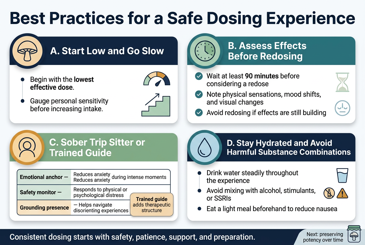Create A Clean, Professional Full-Bleed Infographic Illustration In A 3:2 Aspect Ratio With A Modern Medical-Wellness Aesthetic, Using Deep Navy, Teal, Soft Green, Warm Amber Accents, And Lots Of White Space. Use Bold Sans-Serif Fonts For Headings And Smaller Readable Sans-Serif Body Text. Place A Large Bold Title Across The Top: &Quot;Best Practices For A Safe Dosing Experience&Quot;. 

Below The Title, Arrange Four Wide Horizontal Sections In A Balanced Two-By-Two Grid Or Staggered Multi-Column Layout, Not A Narrow Centered Stack. Each Section Should Have A Colored Header Bar, A Clear Icon, And Concise Text. Use Simple Line Icons With Colored Circular Backgrounds.

Section 1 On The Upper Left: A Mushroom Icon And The Heading &Quot;A. Start Low And Go Slow&Quot;. Under It, Include The Text: &Quot;Begin With The Lowest Effective Dose.&Quot; And &Quot;Gauge Personal Sensitivity Before Increasing Intake.&Quot; Show A Small Dose Meter Or Downward-To-Upward Step Graphic Beside The Text.

Section 2 On The Upper Right: A Clock Icon And The Heading &Quot;B. Assess Effects Before Redosing&Quot;. Include Three Bullet Points With Check Icons:
&Quot;Wait At Least 90 Minutes Before Considering A Redose&Quot;
&Quot;Note Physical Sensations, Mood Shifts, And Visual Changes&Quot;
&Quot;Avoid Redosing If Effects Are Still Building&Quot;
Add A Subtle Hourglass Graphic And A Calm Waiting Symbol.

Section 3 On The Lower Left: A Person Silhouette Icon With A Halo Or Supportive Ring And The Heading &Quot;C. Sober Trip Sitter Or Trained Guide&Quot;. Include A Small 3-Row Table Or Three Stacked Mini-Cards Labeled:
&Quot;Emotional Anchor — Reduces Anxiety During Intense Moments&Quot;
&Quot;Safety Monitor — Responds To Physical Or Psychological Distress&Quot;
&Quot;Grounding Presence — Helps Navigate Disorienting Experiences&Quot;
Add A Second Small Badge Or Tag Reading: &Quot;Trained Guide Adds Therapeutic Structure&Quot;.

Section 4 On The Lower Right: A Water Drop Icon And The Heading &Quot;D. Stay Hydrated And Avoid Harmful Substance Combinations&Quot;. Include Three Bullet Points:
&Quot;Drink Water Steadily Throughout The Experience&Quot;
&Quot;Avoid Mixing With Alcohol, Stimulants, Or Ssris&Quot;
&Quot;Eat A Light Meal Beforehand To Reduce Nausea&Quot;
Show Small Warning Icons Next To Alcohol, Stimulant, And Pill Symbols, And A Water Glass Icon.

At The Bottom As A Concluding Footer Strip, Include The Text: &Quot;Consistent Dosing Starts With Safety, Patience, Support, And Preparation.&Quot; Add A Subtle Mushroom-Potency Jar Or Preservation Icon On The Far Right With The Caption: &Quot;Next: Preserving Potency Over Time&Quot;.

Use Crisp Alignment, Strong Visual Hierarchy, Rounded Section Cards, And Subtle Shadows. Keep The Layout Airy, Polished, And Easy To Scan. No Vertical Poster Frame, No Inset Margins, No Clutter.