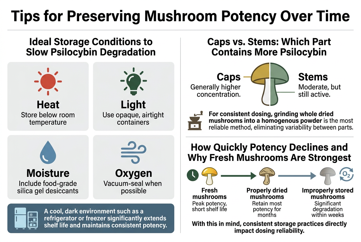Create A Clean Professional Infographic In A 3:2 Aspect Ratio, Full-Bleed Wide Layout With No Frame, No Inset Margins, And No Narrow Centered Stack. Use A Modern Sans-Serif Font, Dark Charcoal Text, White Background, Deep Forest Green, Muted Gold, Cool Blue, And Soft Gray Accents. 

Top Header Spanning Full Width:
Large Bold Title Centered At The Top: &Quot;Tips For Preserving Mushroom Potency Over Time&Quot;

Below The Title, Arrange Three Wide Horizontal Sections Across The Page With Clear Visual Hierarchy And Icons.

Section 1 On The Left Half, Titled In Bold: &Quot;Ideal Storage Conditions To Slow Psilocybin Degradation&Quot;
Place Four Evenly Spaced Icon Blocks In A 2X2 Grid With Simple Flat Icons:
- A Red Sun Icon With The Label &Quot;Heat&Quot; And Smaller Text &Quot;Store Below Room Temperature&Quot;
- A Bright Light Bulb Icon With The Label &Quot;Light&Quot; And Smaller Text &Quot;Use Opaque, Airtight Containers&Quot;
- A Water Droplet Icon With The Label &Quot;Moisture&Quot; And Smaller Text &Quot;Include Food-Grade Silica Gel Desiccants&Quot;
- A Wind/Air Icon With The Label &Quot;Oxygen&Quot; And Smaller Text &Quot;Vacuum-Seal When Possible&Quot;
Under The Four Blocks, Add A Cool-Toned Strip With A Refrigerator And Freezer Icon And The Text: &Quot;A Cool, Dark Environment Such As A Refrigerator Or Freezer Significantly Extends Shelf Life And Maintains Consistent Potency.&Quot;

Section 2 In The Center, Titled In Bold: &Quot;Caps Vs. Stems: Which Part Contains More Psilocybin&Quot;
Show A Simple Side-By-Side Mushroom Illustration Split Into Two Labeled Parts. On The Left, A Cap Highlighted In Gold With The Label &Quot;Caps&Quot; And The Text &Quot;Generally Higher Concentration.&Quot; On The Right, Stems Highlighted In Muted Green With The Label &Quot;Stems&Quot; And The Text &Quot;Moderate, But Still Active.&Quot;
Below This, Include A Small Grinder Icon And The Bold Line: &Quot;For Consistent Dosing, Grinding Whole Dried Mushrooms Into A Homogenous Powder Is The Most Reliable Method, Eliminating Variability Between Parts.&Quot;

Section 3 On The Right Half, Titled In Bold: &Quot;How Quickly Potency Declines And Why Fresh Mushrooms Are Strongest&Quot;
Display A Simple Horizontal Potency Timeline With Three Stages And Downward Arrows:
- A Bright Fresh Mushroom Icon With The Label &Quot;Fresh Mushrooms&Quot; And The Text &Quot;Peak Potency, Short Shelf Life&Quot;
- A Dried Mushroom Icon With The Label &Quot;Properly Dried Mushrooms&Quot; And The Text &Quot;Retain Most Potency For Months&Quot;
- A Faded, Dim Mushroom Icon With The Label &Quot;Improperly Stored Mushrooms&Quot; And The Text &Quot;Significant Degradation Within Weeks&Quot;
Add A Small Clock And Oxidation/Enzymatic Swirl Icon Near The Timeline. Under The Timeline, Place The Concluding Sentence: &Quot;With This In Mind, Consistent Storage Practices Directly Impact Dosing Reliability.&Quot;

Use Clean Section Dividers, Subtle Shadows, And A Balanced Multi-Column Layout With Strong Spacing. Keep All Text Crisp And Readable, With Icons Large And Simple.