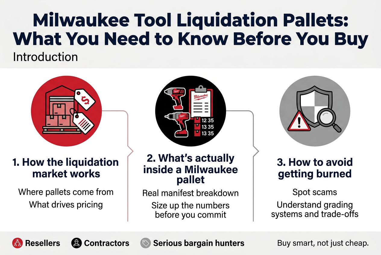 Create a clean, professional infographic illustration in a 3:2 aspect ratio with a full-bleed layout, no frame, no narrow vertical stack, and wide horizontal sections. Use a modern sans-serif font, bold navy headings, dark charcoal body text, and accent colors in Milwaukee-style red, black, gray, and white. Top header across the full width: Large bold title text: "Milwaukee Tool Liquidation Pallets: What You Need to Know Before You Buy" Smaller subtitle below: "Introduction" Below the header, use a wide 3-column layout with three large content blocks, each with a clear numbered label and a matching icon. Left block: A red circular icon with a warehouse pallet, boxes, and a price tag. Heading text: "1. How the liquidation market works" Short body text in two lines: "Where pallets come from" "What drives pricing" Center block: A black circular icon with Milwaukee-style power tools, a clipboard manifest, and stacked item counts. Heading text: "2. What's actually inside a Milwaukee pallet" Short body text in two lines: "Real manifest breakdown" "Size up the numbers before you commit" Right block: A gray circular icon with a shield, warning sign, and a magnifying glass. Heading text: "3. How to avoid getting burned" Short body text in two lines: "Spot scams" "Understand grading systems and trade-offs" Along the bottom, add a wide horizontal strip with a brief audience callout using small icon markers for each group: "Resellers" "Contractors" "Serious bargain hunters" Add a final small closing line at the bottom right: "Buy smart, not just cheap." Use subtle arrows or connecting lines between the three blocks to show progression from market basics to pallet contents to risk avoidance. Keep spacing balanced, edges clean, and hierarchy strong with the title dominant at the top and the three sections clearly separated.