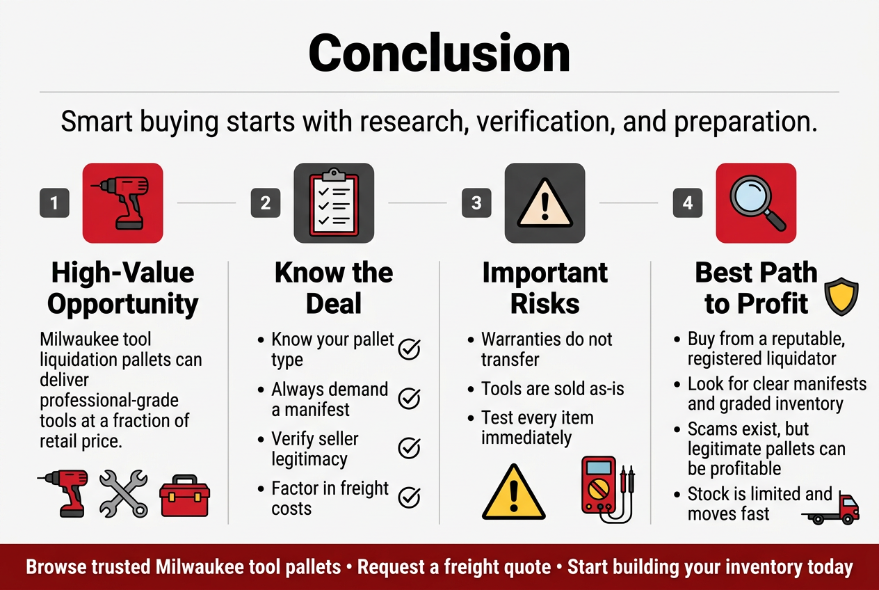 Create a clean, professional infographic in a 3:2 aspect ratio with a full-bleed layout, modern flat design, white background with Milwaukee red, black, dark gray, and accent yellow. Use a bold sans-serif title at the top: "Conclusion". Place a wide subtitle line beneath: "Smart buying starts with research, verification, and preparation." Organize the infographic into 4 horizontal sections across the center with clear numbered blocks and icons: 1) Left block with a red tool icon and bold heading: "High-Value Opportunity" Body text: "Milwaukee tool liquidation pallets can deliver professional-grade tools at a fraction of retail price." Add small supporting icons: drill, wrench, toolbox. 2) Center-left block with a clipboard icon and bold heading: "Know the Deal" Body text in short bullets: "• Know your pallet type" "• Always demand a manifest" "• Verify seller legitimacy" "• Factor in freight costs" Use checkmark icons beside each bullet. 3) Center-right block with a warning triangle icon and bold heading: "Important Risks" Body text in short bullets: "• Warranties do not transfer" "• Tools are sold as-is" "• Test every item immediately" Use a caution symbol and a testing multimeter icon. 4) Right block with a magnifying glass icon and bold heading: "Best Path to Profit" Body text in short bullets: "• Buy from a reputable, registered liquidator" "• Look for clear manifests and graded inventory" "• Scams exist, but legitimate pallets can be profitable" "• Stock is limited and moves fast" Use a shield icon and a freight truck icon. At the bottom, place a wide call-to-action bar in dark red with white text: "Browse trusted Milwaukee tool pallets • Request a freight quote • Start building your inventory today" Use strong visual hierarchy, clean spacing, subtle dividers between sections, and minimal decorative lines. Keep all text crisp and readable, with icons aligned to each section title. No frame, no border, no poster mockup, just the infographic filling the canvas.