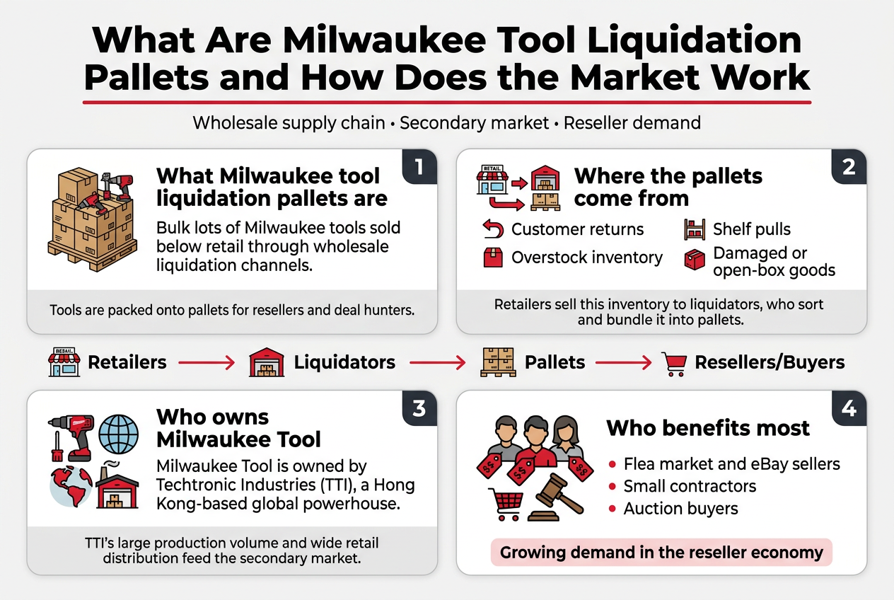 Create a clean, modern infographic illustration in full-bleed landscape format, aspect ratio 3:2, with a white background, Milwaukee red accents, dark charcoal text, and subtle gray divider lines. Use a bold sans-serif headline at the top spanning the width: "What Are Milwaukee Tool Liquidation Pallets and How Does the Market Work". Layout: wide horizontal infographic with 4 main sections arranged in a clear 2-row grid, each section in a rounded rectangular block with a small icon and numbered label. Use strong visual hierarchy, bold subheadings, short body text, and a professional business style. Top header area: - Large bold title centered near the top - Thin red underline beneath the title - Small subtitle line under the title: "Wholesale supply chain • Secondary market • Reseller demand" Section 1 on the upper left: - Numbered label "1" - Icon: stacked cardboard pallets with tools - Subheading: "What Milwaukee tool liquidation pallets are" - Body text: "Bulk lots of Milwaukee tools sold below retail through wholesale liquidation channels." - Smaller line below: "Tools are packed onto pallets for resellers and deal hunters." Section 2 on the upper right: - Numbered label "2" - Icon: supply chain arrows moving from retail store to warehouse to pallet - Subheading: "Where the pallets come from" - Four bullet items with small icons: - "Customer returns" - "Overstock inventory" - "Shelf pulls" - "Damaged or open-box goods" - Add a small caption line at bottom: "Retailers sell this inventory to liquidators, who sort and bundle it into pallets." Section 3 across the lower left: - Numbered label "3" - Icon: Milwaukee tools with a globe and factory/warehouse symbol - Subheading: "Who owns Milwaukee Tool" - Body text: "Milwaukee Tool is owned by Techtronic Industries (TTI), a Hong Kong-based global powerhouse." - Smaller line below: "TTI's large production volume and wide retail distribution feed the secondary market." Section 4 across the lower right: - Numbered label "4" - Icon: three buyer figures with price tags and a shopping cart, plus auction gavel - Subheading: "Who benefits most" - Three bullet items: - "Flea market and eBay sellers" - "Small contractors" - "Auction buyers" - Bottom caption in highlighted red box: "Growing demand in the reseller economy" Add a thin horizontal flow graphic across the middle connecting the sections, showing: Retailers → Liquidators → Pallets → Resellers/Buyers, using red arrows and simple icons. Use clear, readable typography, bold subheadings, concise body text, and consistent icon style. Keep the layout spacious, balanced, and easy to scan. No extra text beyond the title, subtitle, section headings, bullet points, captions, and labels specified above.