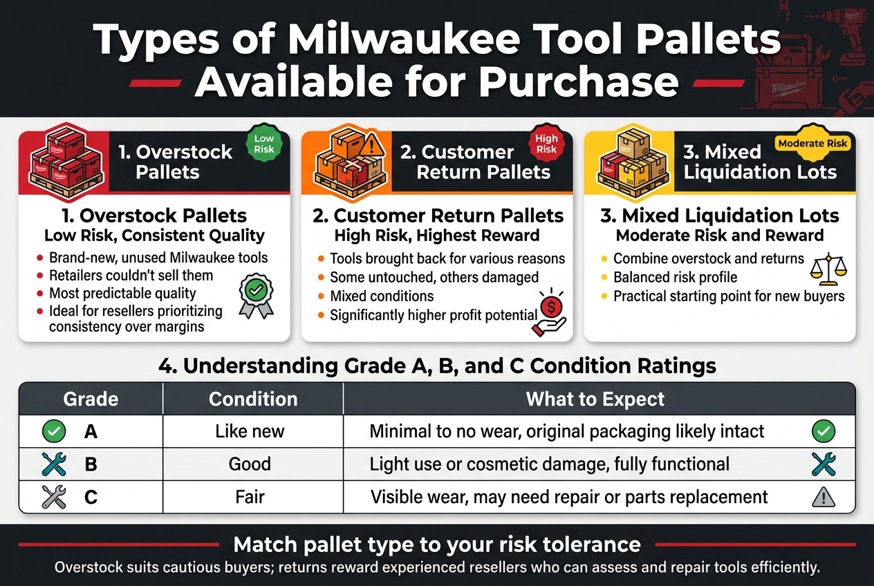 Create a full-bleed professional infographic in a 3:2 aspect ratio with a clean modern industrial style, using Milwaukee-inspired red, black, white, and gray colors. Use bold sans-serif typography, strong visual hierarchy, and wide horizontal sections with no vertical poster frame. Top header across the full width: Large bold title in white text on a black or dark charcoal banner: "Types of Milwaukee Tool Pallets Available for Purchase" Add small red accent lines and subtle tool-related graphics in the background. Main middle section: three wide side-by-side content cards with icons and risk labels. Left card, red and black color theme, icon of stacked unopened tool boxes: "1. Overstock Pallets" Subheading in smaller text: "Low Risk, Consistent Quality" Body text: "Brand-new, unused Milwaukee tools" "Retailers couldn't sell them" "Most predictable quality" "Ideal for resellers prioritizing consistency over margins" Add a green low-risk badge and a simple quality/check icon. Center card, orange and black color theme, icon of mixed tool boxes with a warning symbol: "2. Customer Return Pallets" Subheading in smaller text: "High Risk, Highest Reward" Body text: "Tools brought back for various reasons" "Some untouched, others damaged" "Mixed conditions" "Significantly higher profit potential" Add a red high-risk badge and a reward/profit icon. Right card, yellow and black color theme, icon of mixed boxes and balanced scale: "3. Mixed Liquidation Lots" Subheading in smaller text: "Moderate Risk and Reward" Body text: "Combine overstock and returns" "Balanced risk profile" "Practical starting point for new buyers" Add a yellow moderate-risk badge and a balanced scale icon. Bottom section spanning the width: A clean comparison table titled in bold: "4. Understanding Grade A, B, and C Condition Ratings" Use a three-column table with clear grid lines and small icons beside each grade. Table columns: "Grade" | "Condition" | "What to Expect" Row 1: "A" | "Like new" | "Minimal to no wear, original packaging likely intact" Use a green check icon. Row 2: "B" | "Good" | "Light use or cosmetic damage, fully functional" Use a blue or teal tool icon. Row 3: "C" | "Fair" | "Visible wear, may need repair or parts replacement" Use a gray wrench icon and small caution symbol. Footer callout bar across the bottom in dark charcoal with white text and red accent: "Match pallet type to your risk tolerance" Smaller text beneath: "Overstock suits cautious buyers; returns reward experienced resellers who can assess and repair tools efficiently." Use neat alignment, clear spacing, subtle shadows, and crisp infographic-style illustrations. Include only the visible text specified above.