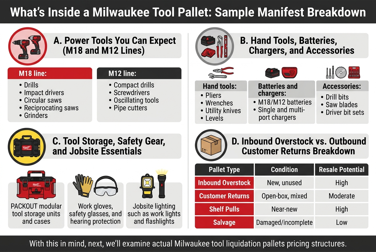 Create a clean, professional infographic illustration in a full-bleed 3:2 landscape layout with no border or inset frame. Use a modern industrial style with Milwaukee-inspired red, black, charcoal, white, and light gray accents, with subtle yellow highlights for safety items. Use bold sans-serif typography, strong visual hierarchy, and clear section blocks arranged in a wide multi-column layout. Top header spanning the full width: Title in large bold text: "What’s Inside a Milwaukee Tool Pallet: Sample Manifest Breakdown" Below the title, divide the infographic into four main horizontal content sections with clear labels, each with an icon and concise bullet lists. Section 1 on the upper left, with a red circular icon showing a cordless drill and impact driver: Heading text: "A. Power Tools You Can Expect (M18 and M12 Lines)" Two side-by-side sub-blocks: "M18 line:" - "Drills" - "Impact drivers" - "Circular saws" - "Reciprocating saws" - "Grinders" "M12 line:" - "Compact drills" - "Screwdrivers" - "Oscillating tools" - "Pipe cutters" Section 2 on the upper right, with a gray circular icon showing batteries, charger, and hand tools: Heading text: "B. Hand Tools, Batteries, Chargers, and Accessories" Use three compact icon-labeled rows or mini blocks: Hand tools: - "Pliers" - "Wrenches" - "Utility knives" - "Levels" Batteries and chargers: - "M18/M12 batteries" - "Single and multi-port chargers" Accessories: - "Drill bits" - "Saw blades" - "Driver bit sets" Section 3 across the lower left, with a black-and-yellow circular icon showing a PACKOUT case, gloves, safety glasses, and a flashlight: Heading text: "C. Tool Storage, Safety Gear, and Jobsite Essentials" Use three visual callouts: - "PACKOUT modular tool storage units and cases" - "Work gloves, safety glasses, and hearing protection" - "Jobsite lighting such as work lights and flashlights" Section 4 across the lower right, styled as a comparison table with four rows and two columns, with a small box icon at the top: Heading text: "D. Inbound Overstock vs. Outbound Customer Returns Breakdown" Table labels in clear readable text: Column headers: "Pallet Type" | "Condition" | "Resale Potential" Rows: - "Inbound Overstock" | "New, unused" | "High" - "Customer Returns" | "Open-box, mixed" | "Moderate" - "Shelf Pulls" | "Near-new" | "High" - "Salvage" | "Damaged/incomplete" | "Low" Add a thin bottom banner across the full width in dark gray with white text: "With this in mind, next, we'll examine actual Milwaukee tool liquidation pallets pricing structures." Use clean dividers between sections, balanced spacing, and simple vector-style tool illustrations. Keep all text crisp, legible, and aligned to a professional infographic grid.