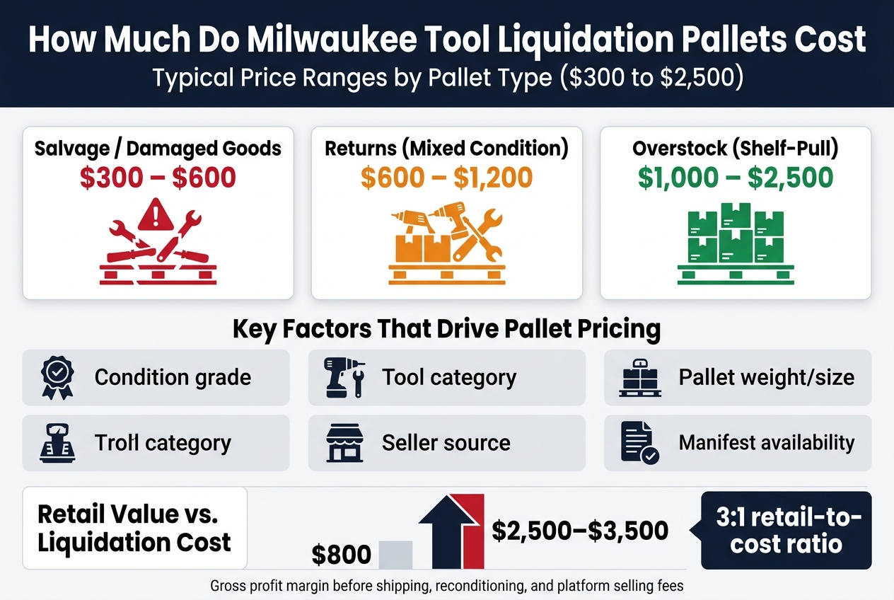 Create a clean professional infographic illustration in a 3:2 aspect ratio, full-bleed layout with no frame, using a dark navy, Milwaukee red, white, and light gray color palette. Use bold sans-serif typography with strong hierarchy. Top header across the full width: Large bold title text: "How Much Do Milwaukee Tool Liquidation Pallets Cost" Subtitle directly below in smaller text: "Typical Price Ranges by Pallet Type ($300 to $2,500)" Main layout: a wide 3-column section across the middle with three price cards, each with a simple tool pallet icon and color-coded price range. Left card: Title: "Salvage / Damaged Goods" Text: "$300 – $600" Visual: red warning-style icon, damaged pallet with broken tools. Center card: Title: "Returns (Mixed Condition)" Text: "$600 – $1,200" Visual: orange mixed-condition icon, pallet with mixed new and used tools. Right card: Title: "Overstock (Shelf-Pull)" Text: "$1,000 – $2,500" Visual: green premium icon, neatly stacked boxed tools on a pallet. Below the cards, create a horizontal section titled in bold: "Key Factors That Drive Pallet Pricing" Use five icon-labeled blocks arranged in two rows with clear spacing: 1. "Condition grade" with a quality badge icon 2. "Tool category" with a power drill and wrench icon 3. "Pallet weight/size" with a scale or stacked pallet icon 4. "Seller source" with a storefront or supplier icon 5. "Manifest availability" with a document and checkmark icon Bottom section as a wide profit comparison panel: Left side label in bold: "Retail Value vs. Liquidation Cost" Center visual: a large upward arrow or bar gap graphic showing a pallet cost of "$800" leading to retail value of "$2,500–$3,500" Right side bold callout box: "3:1 retail-to-cost ratio" Small footer text beneath: "Gross profit margin before shipping, reconditioning, and platform selling fees" Use clean grid alignment, strong contrast, modern infographic icons, and wide horizontal spacing. Include only the exact text shown above.