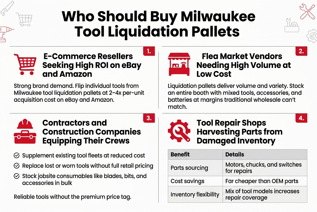 Create a clean, professional full-bleed infographic in a 3:2 landscape aspect ratio with a white background, Milwaukee-style red, black, and gray accents, bold sans-serif typography, and strong visual hierarchy. Place a large bold headline across the top: "Who Should Buy Milwaukee Tool Liquidation Pallets". Under the title, arrange four wide horizontal content blocks in a 2x2 grid with clear section headers, each with a distinct icon and short supporting text. Top left block: a red shopping cart icon and the heading "1. E-Commerce Resellers Seeking High ROI on eBay and Amazon". Add concise body text: "Strong brand demand. Flip individual tools from Milwaukee tool liquidation pallets at 2–4x per-unit acquisition cost on eBay and Amazon." Top right block: a red flea market booth icon and the heading "2. Flea Market Vendors Needing High Volume at Low Cost". Add body text: "Liquidation pallets deliver volume and variety. Stock an entire booth with mixed tools, accessories, and batteries at margins traditional wholesale can't match." Bottom left block: a red hard hat and toolbox icon and the heading "3. Contractors and Construction Companies Equipping Their Crews". Add three bullet points with check icons: "Supplement existing tool fleets at reduced cost"; "Replace lost or worn tools without full retail pricing"; "Stock jobsite consumables like blades, bits, and accessories in bulk". Add a small supporting line below: "Reliable tools without the premium price tag." Bottom right block: a red wrench and gear icon and the heading "4. Tool Repair Shops Harvesting Parts from Damaged Inventory". Add a simple two-column mini table with the header row "Benefit" and "Details". Include three rows: "Parts sourcing | Motors, chucks, and switches for repairs"; "Cost savings | Far cheaper than OEM parts"; "Inventory flexibility | Mix of tool models increases repair coverage". Use thin gray dividers between blocks, small red numbered badges for each section, and subtle tool-themed decorative line icons in the background. Keep the layout spacious, balanced, and easy to scan, with all text clearly legible and aligned within each section.