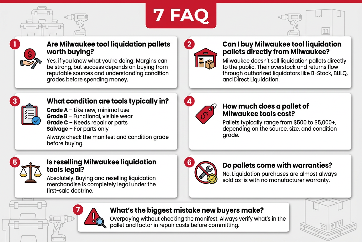 Create a clean, professional full-bleed infographic illustration in a 3:2 aspect ratio with a wide horizontal layout, no border, no poster frame, and no narrow centered stack. Use a modern sans-serif font, bold dark navy title, white background with Milwaukee-inspired red accents, black text, light gray section boxes, and blue/green/yellow status icons. Top center: large bold heading text in a red banner, exact text: "7 FAQ" Below the heading, arrange seven wide FAQ blocks in a 2-column grid with the last block spanning the full width at the bottom. Each block should have a numbered circle icon, a simple matching icon, a bold question header, and short answer text. Use clear visual hierarchy and generous spacing. Top left block: Red circle number 1 with a dollar sign and tool icon. Exact text: "Are Milwaukee tool liquidation pallets worth buying?" "Yes, if you know what you're doing. Margins can be strong, but success depends on buying from reputable sources and understanding condition grades before spending money." Top right block: Red circle number 2 with a warehouse and shipping box icon. Exact text: "Can I buy Milwaukee tool liquidation pallets directly from Milwaukee?" "Milwaukee doesn't sell liquidation pallets directly to the public. Their overstock and returns flow through authorized liquidators like B-Stock, BULQ, and Direct Liquidation." Middle left block: Red circle number 3 with a clipboard and checkmark icon. Exact text: "What condition are tools typically in?" "Grade A – Like new, minimal use" "Grade B – Functional, visible wear" "Grade C – Needs repair or parts" "Salvage – For parts only" "Always check the manifest and condition grade before buying." Middle right block: Red circle number 4 with a price tag icon. Exact text: "How much does a pallet of Milwaukee tools cost?" "Pallets typically range from $500 to $5,000+, depending on the source, size, and condition grade." Lower left block: Red circle number 5 with a legal scale icon. Exact text: "Is reselling Milwaukee liquidation tools legal?" "Absolutely. Buying and reselling liquidation merchandise is completely legal under the first-sale doctrine." Lower right block: Red circle number 6 with a crossed-out wrench and warranty badge icon. Exact text: "Do pallets come with warranties?" "No. Liquidation purchases are almost always sold as-is with no manufacturer warranty." Bottom full-width block: Red circle number 7 with a warning triangle and magnifying glass icon. Exact text: "What's the biggest mistake new buyers make?" "Overpaying without checking the manifest. Always verify what's in the pallet and factor in repair costs before committing." Add subtle background illustrations of stacked tool boxes, cordless drills, and pallet shipping boxes in light gray behind the blocks. Use strong visual separation with thin lines or card shadows. Keep all text crisp, readable, and correctly spelled.