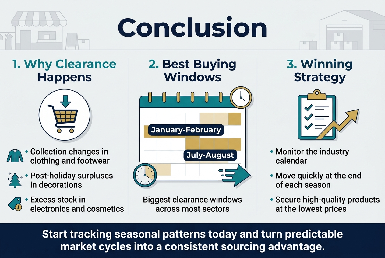 Create a clean professional infographic illustration in a 3:2 aspect ratio with a full-bleed layout, wide horizontal sections, and no inset frame. Use a modern sans-serif font, bold navy heading, teal and gold accents, light gray background, and subtle market/warehouse styling. Top center, large bold title in dark navy: "Conclusion" Below the title, arrange the content in three wide horizontal blocks across the page: LEFT BLOCK: Heading in teal: "1. Why Clearance Happens" Include a circular icon of a shopping cart with a downward arrow. Add three short bullet lines with small icons: • "Collection changes in clothing and footwear" • "Post-holiday surpluses in decorations" • "Excess stock in electronics and cosmetics" CENTER BLOCK: Heading in teal: "2. Best Buying Windows" Include a horizontal calendar graphic with highlighted date ranges. Show two bold highlighted labels inside the calendar area: "January-February" "July-August" Add a small clock icon and a fast-moving arrow icon. Include the line: "Biggest clearance windows across most sectors" RIGHT BLOCK: Heading in teal: "3. Winning Strategy" Include an icon of a checklist clipboard and a rising inventory arrow. Add three short bullet lines: • "Monitor the industry calendar" • "Move quickly at the end of each season" • "Secure high-quality products at the lowest prices" Bottom full-width banner in dark navy with white text, centered and bold: "Start tracking seasonal patterns today and turn predictable market cycles into a consistent sourcing advantage." Use clean spacing, clear section dividers, simple flat vector icons, subtle shadow accents, and strong visual hierarchy.