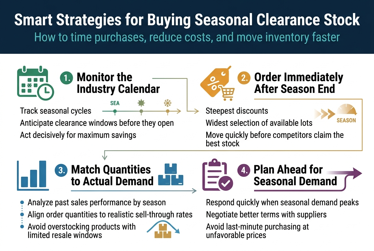 3:2 aspect ratio, full-bleed professional infographic illustration with a clean white background, deep navy and teal accents, warm gold highlight color, modern sans-serif typography, strong visual hierarchy. Top header across full width: bold large title in dark navy text, "Smart Strategies for Buying Seasonal Clearance Stock". Beneath it, smaller subtitle in teal: "How to time purchases, reduce costs, and move inventory faster". Main layout: four wide horizontal sections arranged in a 2x2 grid or four connected blocks across the page, avoiding a narrow vertical stack. Use clear numbered labels in colored circles for each section. Add simple flat vector icons beside each heading. Section 1 at upper left: green calendar icon with clock and seasonal markers. Heading text: "1. Monitor the Industry Calendar". Body text in short lines: "Track seasonal cycles" / "Anticipate clearance windows before they open" / "Act decisively for maximum savings". Include a thin timeline graphic with seasonal markers. Section 2 at upper right: orange discount tag icon and shopping cart icon. Heading text: "2. Order Immediately After Season End". Body text: "Steepest discounts" / "Widest selection of available lots" / "Move quickly before competitors claim the best stock". Include arrows pointing to a fading season icon. Section 3 at lower left: blue bar chart icon and stacked boxes icon. Heading text: "3. Match Quantities to Actual Demand". Body text as three bullet lines with small dots: "Analyze past sales performance by season" / "Align order quantities to realistic sell-through rates" / "Avoid overstocking products with limited resale windows". Add a small upward/downward demand curve and inventory boxes. Section 4 at lower right: purple planning clipboard icon with a checkmark and forward arrow. Heading text: "4. Plan Ahead for Seasonal Demand". Body text: "Respond quickly when seasonal demand peaks" / "Negotiate better terms with suppliers" / "Avoid last-minute purchasing at unfavorable prices". Include a forward arrow path or roadmap graphic. Use subtle connecting lines or arrows between sections to suggest a strategy flow. Keep all text crisp, legible, and minimal. Use bold headings, smaller body text, and consistent spacing. Clean corporate style, flat vector shapes, balanced composition, no photo realism.
