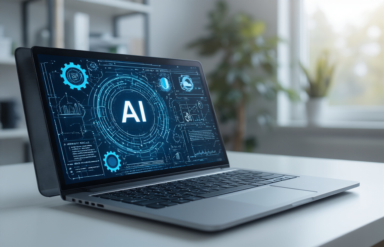 Create a realistic image of a modern laptop computer displaying an AI interface with sleek dashboard elements and neural network visualizations on the screen, positioned on a clean white desk in a bright office environment with soft natural lighting from a window, showing gears and circuit board patterns subtly integrated into the background to represent AI technology and automation processes, with a warm professional atmosphere that conveys innovation and digital intelligence, absolutely NO text should be in the scene.