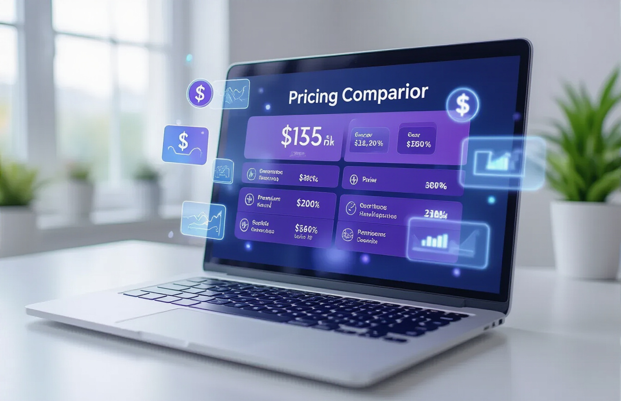 Create a realistic image of a modern laptop computer displaying a sleek pricing comparison interface with multiple subscription tiers and premium feature checkmarks, surrounded by floating holographic UI elements showing dollar signs and feature icons, set on a clean white desk with soft natural lighting from a window, professional business atmosphere with subtle blue and purple color scheme, Absolutely NO text should be in the scene.