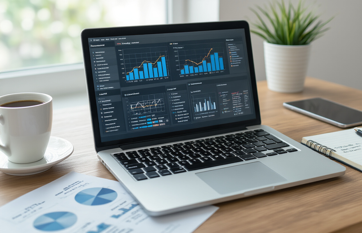 Create a realistic image of a modern office desk setup featuring an open laptop displaying analytics charts and performance graphs on the screen, surrounded by scattered documents with quality assessment metrics, a tablet showing content samples, a coffee cup, and a notebook with handwritten notes, set against a clean minimalist background with soft natural lighting from a nearby window, emphasizing a professional content analysis workspace atmosphere, absolutely NO text should be in the scene.