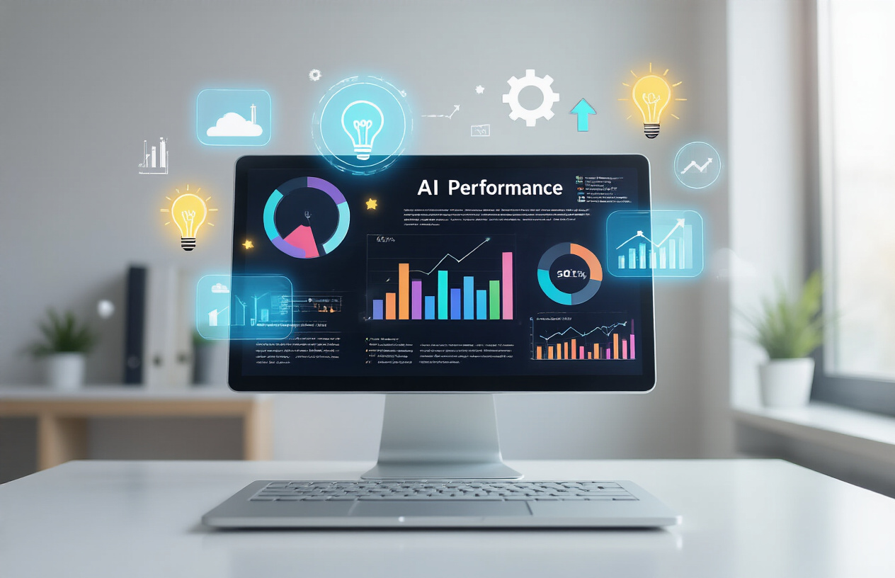 Create a realistic image of a modern digital workspace showing a laptop computer screen displaying colorful charts and graphs representing AI performance metrics, surrounded by floating holographic icons symbolizing productivity benefits like lightbulbs for innovation, gears for efficiency, and upward trending arrows for growth, set against a clean minimalist office background with soft natural lighting from a window, creating an optimistic and professional atmosphere that conveys technological advancement and business success, absolutely NO text should be in the scene.