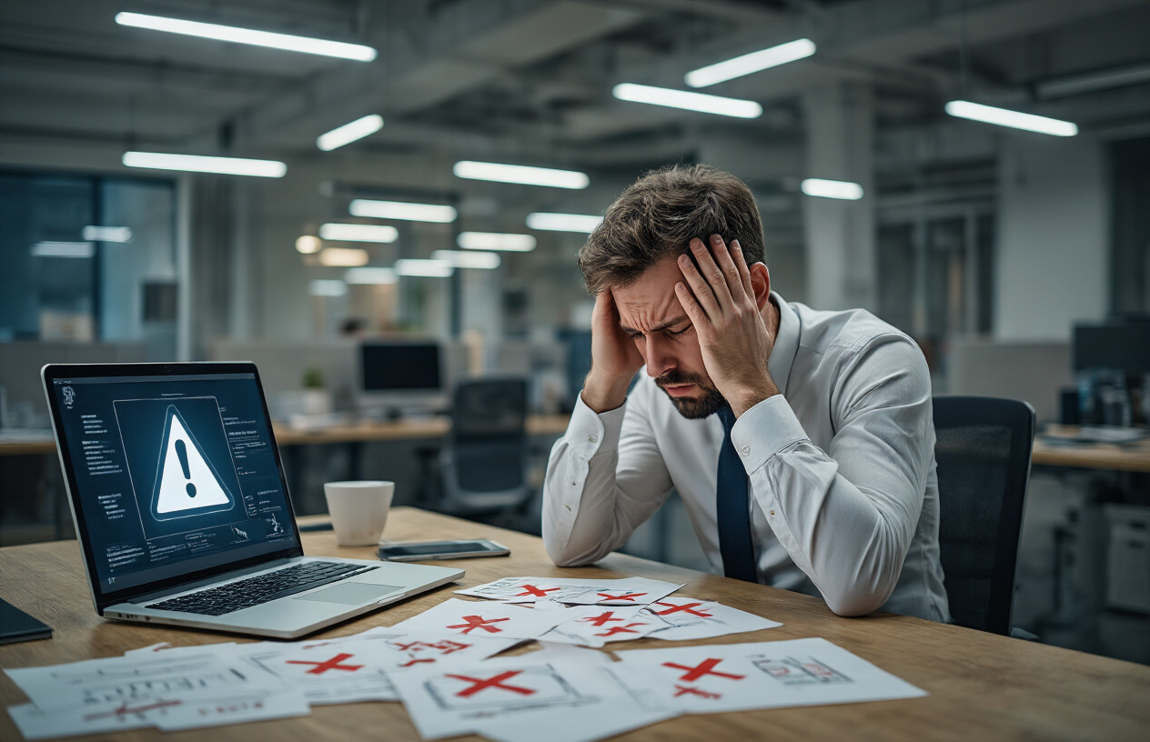 Create a realistic image of a modern office desk with a laptop computer displaying a warning triangle icon on the screen, surrounded by scattered papers with red X marks and correction symbols, a frustrated white male professional in business attire holding his head in his hands while sitting at the desk, office environment with fluorescent lighting creating a slightly dim atmosphere, emphasizing challenges and limitations in technology usage, absolutely NO text should be in the scene.