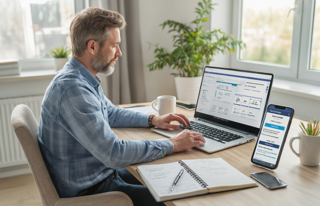 Create a realistic image of a white male professional in his 30s sitting at a modern desk with a laptop computer, actively typing and testing software interface on screen, with multiple browser tabs open showing AI writing tools, a notebook with handwritten notes and ratings beside the laptop, a coffee mug, smartphone displaying review apps, in a clean modern home office with natural lighting from a window, focused concentrated expression, warm productive atmosphere, absolutely NO text should be in the scene.