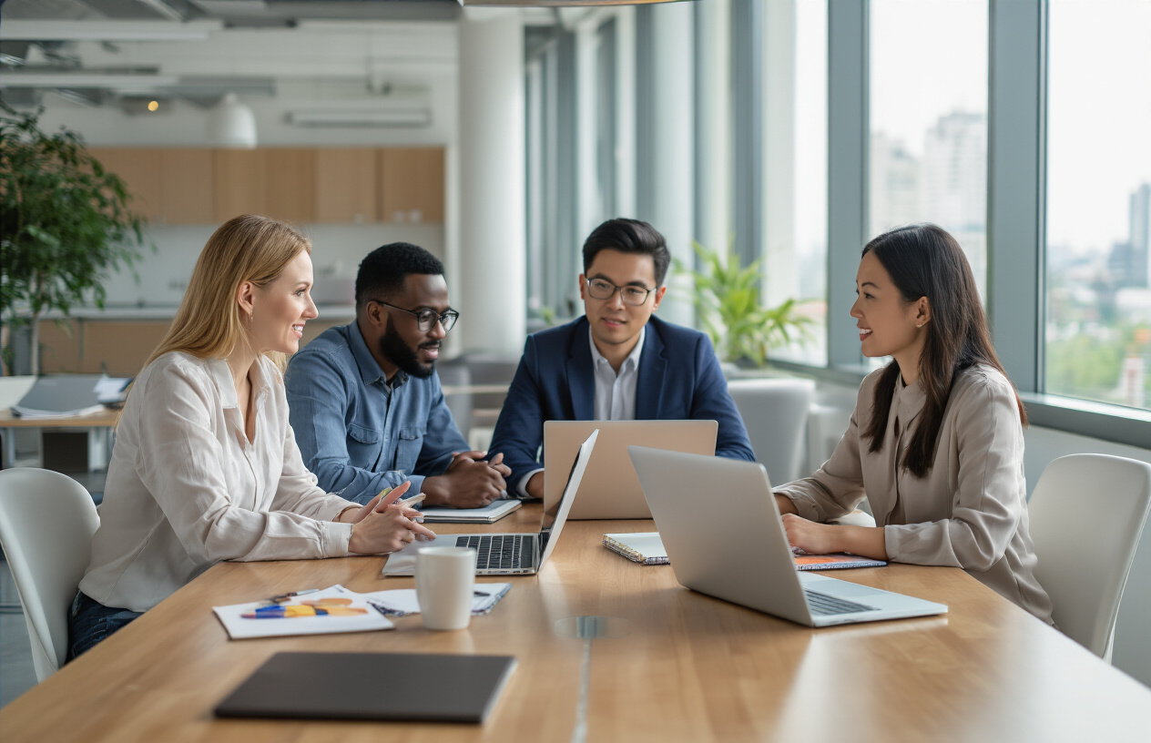 Create a realistic image of a diverse group of professionals including a white female marketing manager, a black male content creator, and an Asian female entrepreneur sitting around a modern conference table with laptops and notebooks, engaged in a collaborative discussion about AI writing tools, with a bright office environment featuring large windows and contemporary furniture, soft natural lighting creating a productive and innovative atmosphere, Absolutely NO text should be in the scene.