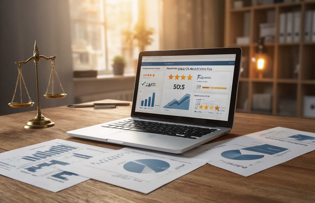 Create a realistic image of a professional workspace showing a laptop computer displaying a digital dashboard with rating stars and checkmarks, surrounded by evaluation documents and charts on a clean wooden desk, with a balanced scale icon visible on the screen, warm ambient lighting creating a decisive and analytical atmosphere, absolutely NO text should be in the scene.