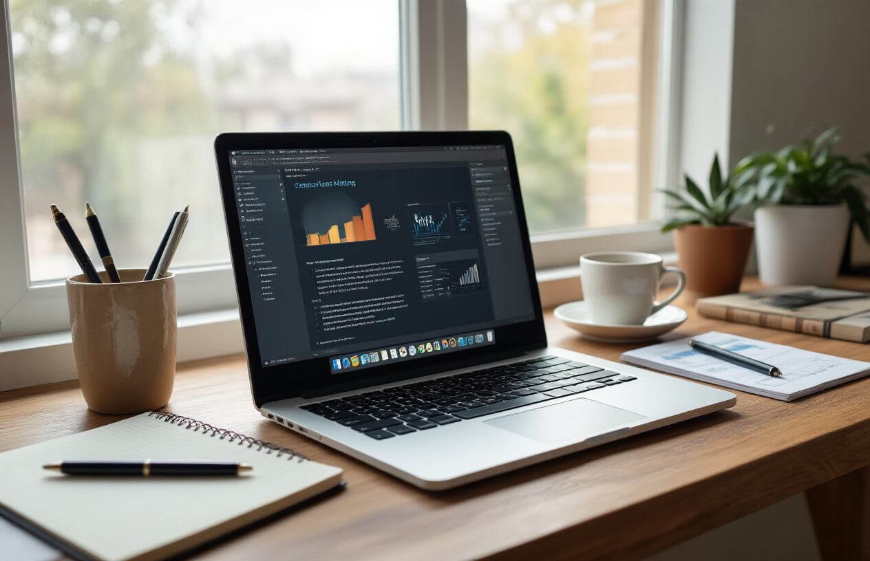Create a realistic image of a modern workspace showing a laptop computer displaying a clean interface with AI-powered writing tools, surrounded by elements representing content creation including notebooks, pens, and coffee cup on a wooden desk, with soft natural lighting from a window creating a productive and professional atmosphere, featuring subtle tech elements like charts or graphs in the background suggesting analysis and review, warm and conclusive mood with organized desktop setup. Absolutely NO text should be in the scene.