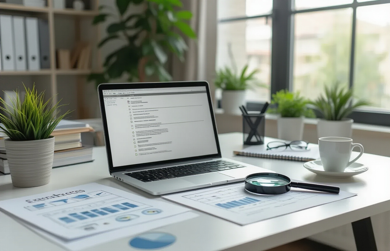 Create a realistic image of a modern office desk setup with a laptop computer open showing a blank document editor, surrounded by evaluation documents with checkmarks and rating scales, a magnifying glass examining technical specifications, comparison charts spread across the desk, and a notepad with handwritten criteria points, all arranged on a clean white desk surface with soft natural lighting from a nearby window, professional atmosphere conveying careful analysis and decision-making process, absolutely NO text should be in the scene.