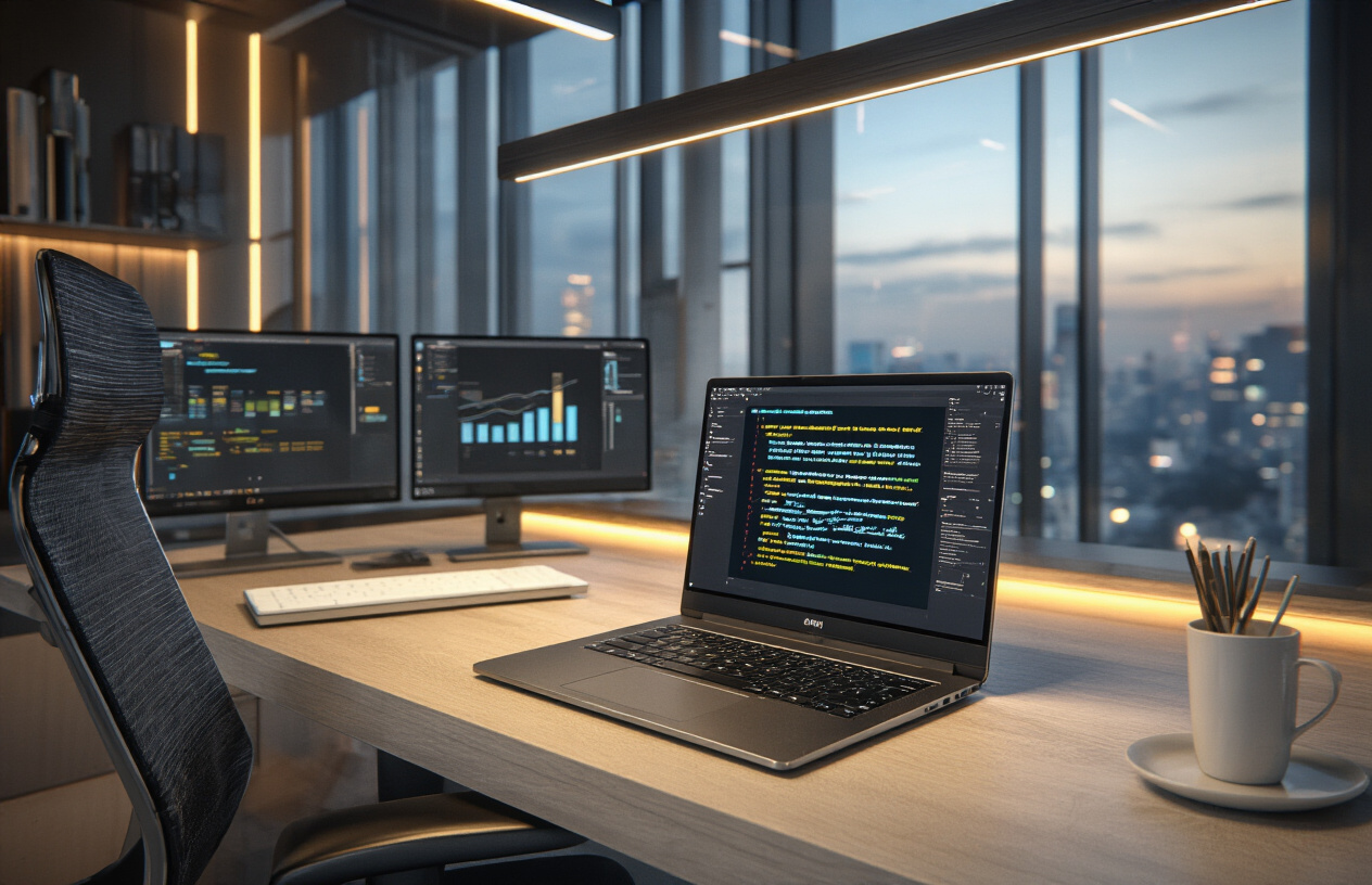 Create a realistic image of a modern professional workspace showing a sleek laptop computer with an AI writing interface displayed on the screen, expensive ergonomic office chair, premium desk setup with multiple monitors, sophisticated lighting, high-end office environment with glass walls and city view in the background, clean minimalist aesthetic suggesting premium quality and professional blogging work, warm ambient lighting creating a productive atmosphere, absolutely NO text should be in the scene.