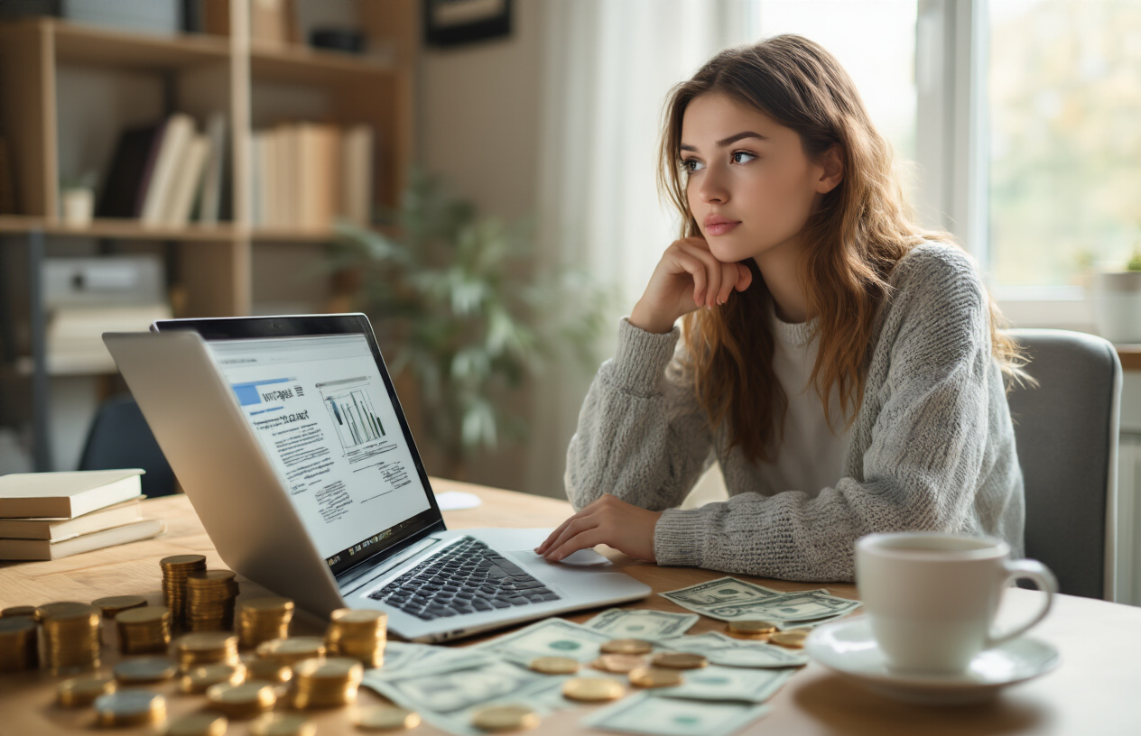 Create a realistic image of a young white female blogger sitting at a modern desk with a laptop computer, looking thoughtful while browsing AI writing tools on the screen, with scattered coins and dollar bills on the desk surface representing budget constraints, a coffee cup nearby, soft natural lighting from a window, cozy home office background with bookshelves, warm and encouraging atmosphere suggesting affordable solutions for beginners, absolutely NO text should be in the scene.