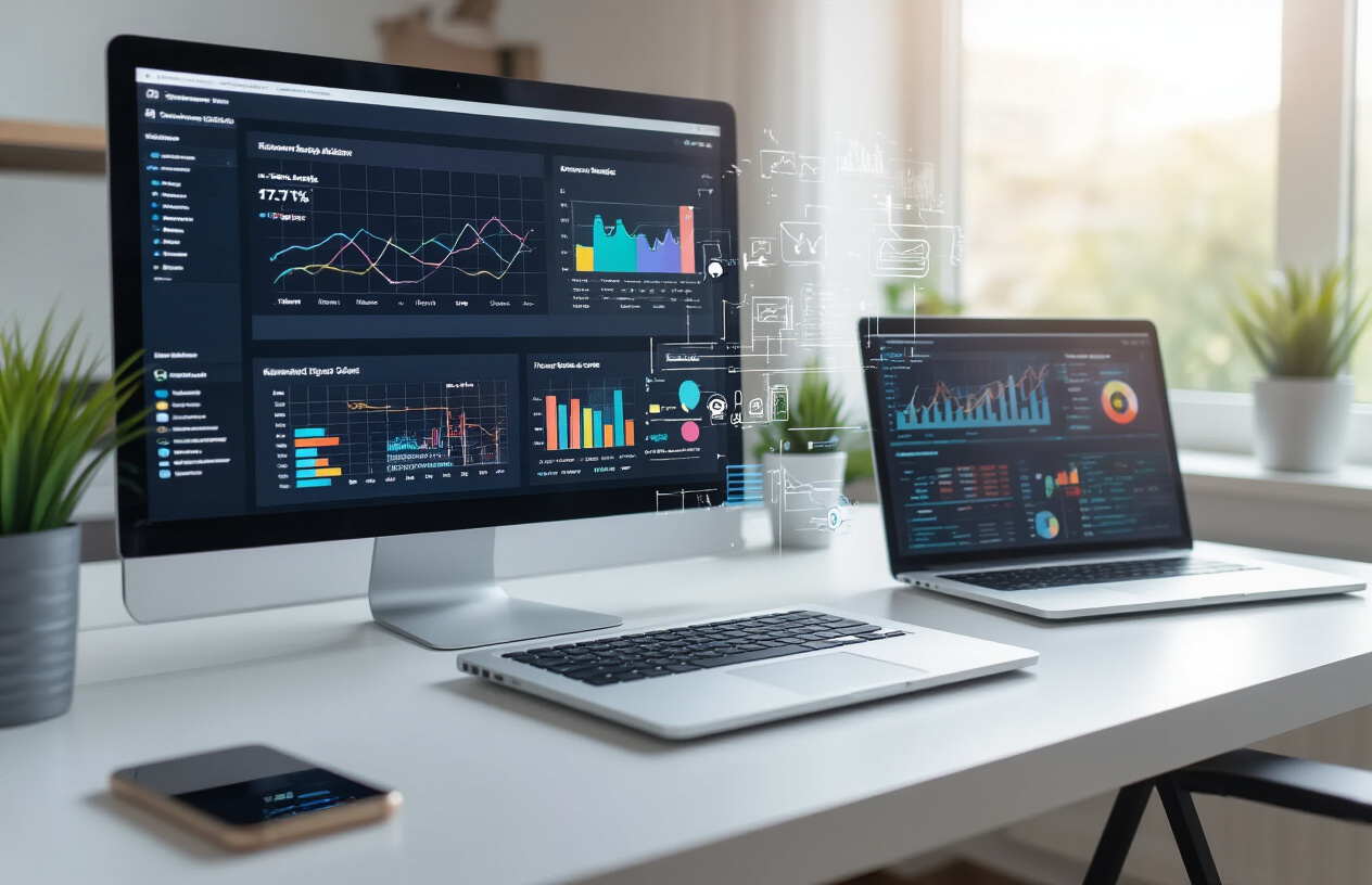 Create a realistic image of a modern computer screen displaying SEO analytics dashboard with colorful graphs, keyword rankings, and performance metrics, alongside a sleek laptop showing content optimization tools, with digital marketing charts floating holographically above the devices, set in a contemporary office workspace with soft natural lighting from a window, featuring a clean white desk surface with a few AI-themed tech gadgets scattered around, captured in bright daylight with a professional atmosphere, absolutely NO text should be in the scene.