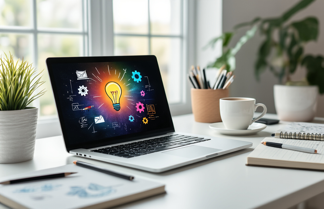 Create a realistic image of a modern workspace featuring a sleek laptop computer displaying a colorful, dynamic interface with creative writing elements like floating lightbulb icons, paint brush symbols, and gear mechanisms representing AI functionality, surrounded by scattered notebooks, pens, and coffee cups on a clean white desk, with soft natural lighting from a nearby window creating an inspiring and productive atmosphere, shot from a slightly elevated angle to showcase the creative workflow setup, absolutely NO text should be in the scene.
