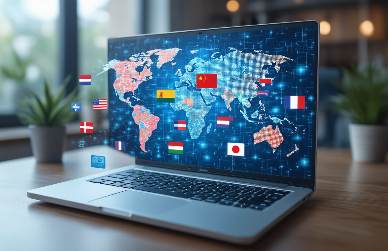 Create a realistic image of a modern laptop computer on a clean desk displaying a colorful world map with various language flags floating around the screen, including flags from different countries like USA, Spain, France, Germany, China, and Japan, with a soft blue digital glow emanating from the screen, professional office lighting, and small AI-related icons subtly visible near the laptop, absolutely NO text should be in the scene.