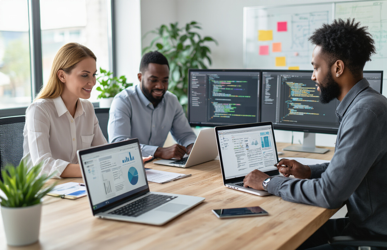 Create a realistic image of a diverse team of professionals collaborating around a modern conference table with laptops and tablets open, showing a white female project manager, a black male developer, and an Asian female content strategist working together on digital documents, with multiple computer screens displaying collaborative writing interfaces in the background, bright office lighting with large windows, clean contemporary workspace with plants and whiteboards, professional and productive atmosphere emphasizing teamwork and digital collaboration, absolutely NO text should be in the scene.
