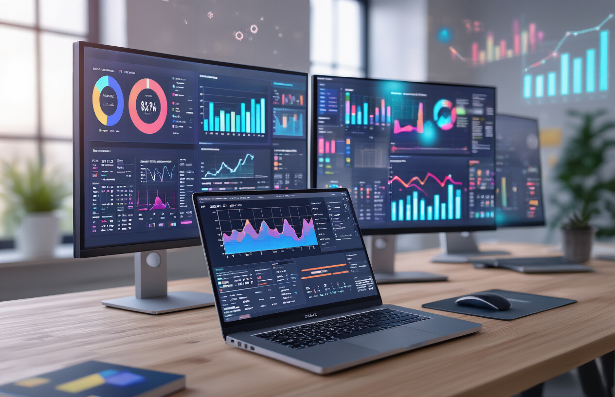 Create a realistic image of a modern computer workstation with multiple monitors displaying colorful analytics dashboards, performance graphs, and optimization metrics charts, featuring a sleek laptop with AI writing tool interfaces visible on screen, surrounded by data visualization elements like bar charts and trend lines floating subtly in the background, set in a clean contemporary office environment with soft natural lighting from a window, emphasizing productivity and technological advancement. Absolutely NO text should be in the scene.