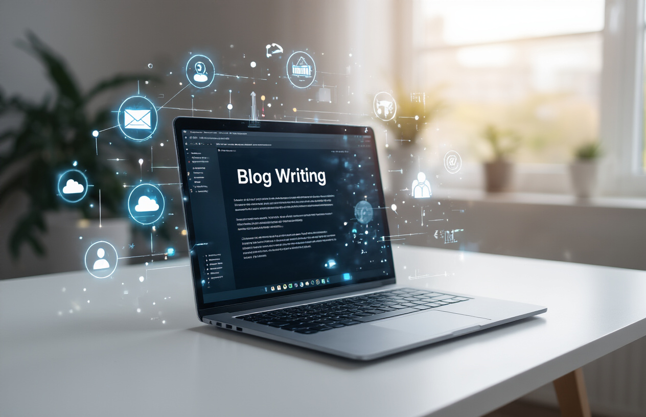 Create a realistic image of a modern laptop computer open on a clean white desk displaying a blog writing interface on the screen, surrounded by AI-related visual elements like floating holographic icons representing artificial intelligence, digital connectivity nodes, and productivity symbols, with a minimalist home office background featuring soft natural lighting from a nearby window, conveying a sense of innovation and efficiency in digital content creation, absolutely NO text should be in the scene.