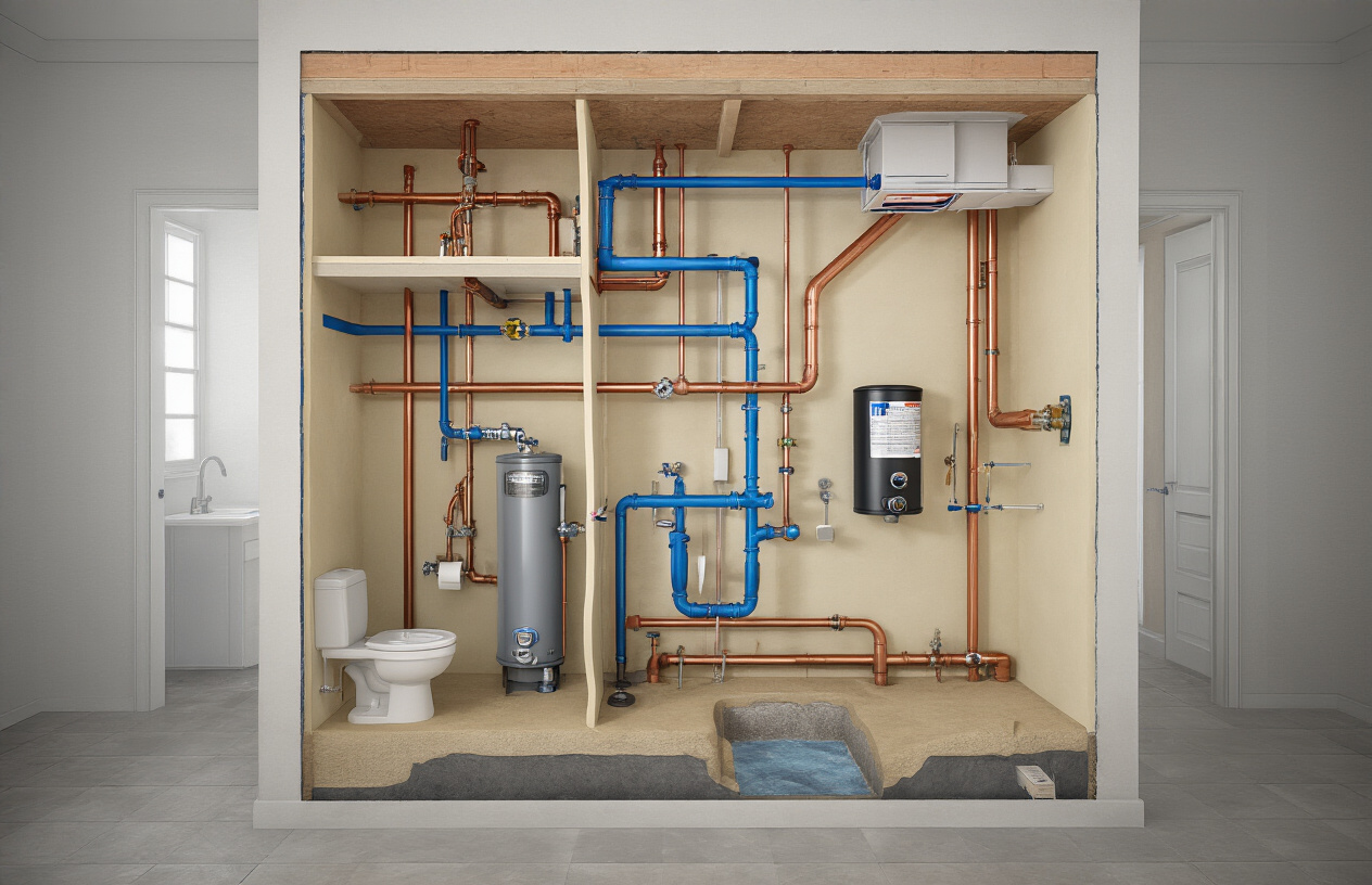 Create a realistic image of a detailed cross-section view of a residential home's plumbing system showing copper and PVC pipes running through walls and floors, water supply lines in blue, drain lines in darker colors, a water heater, main shutoff valve, and pipe connections to sinks, toilets, and shower fixtures, with clean indoor lighting illuminating the technical infrastructure, absolutely NO text should be in the scene.