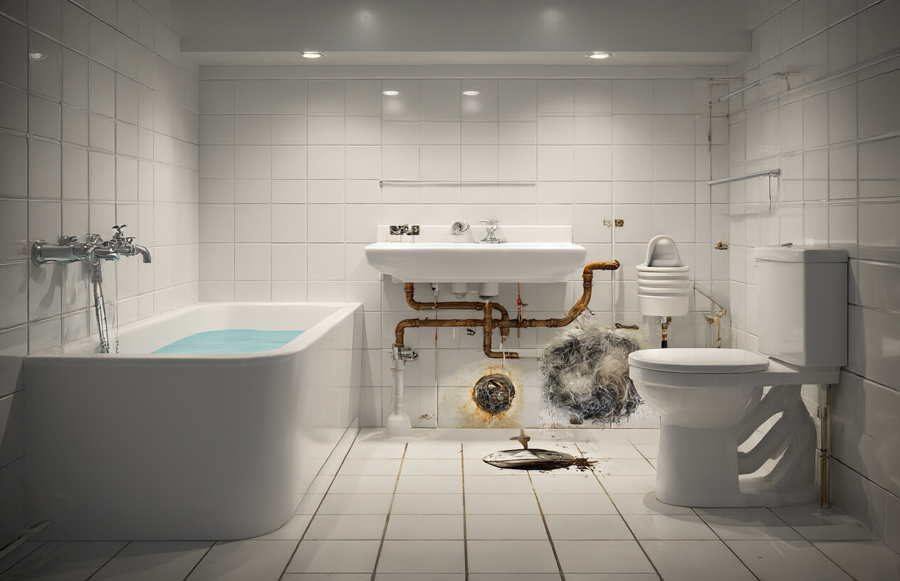 Create a realistic image of a cross-section view of a residential bathroom showing multiple common drain problems including a clogged sink drain with visible hair and debris buildup, a slow-draining bathtub with standing water, and a toilet with a plunger nearby, featuring exposed plumbing pipes under the sink with some mineral buildup and corrosion, set in a modern bathroom with white tiles and fixtures under bright overhead lighting that clearly illuminates all the plumbing issues, absolutely NO text should be in the scene.