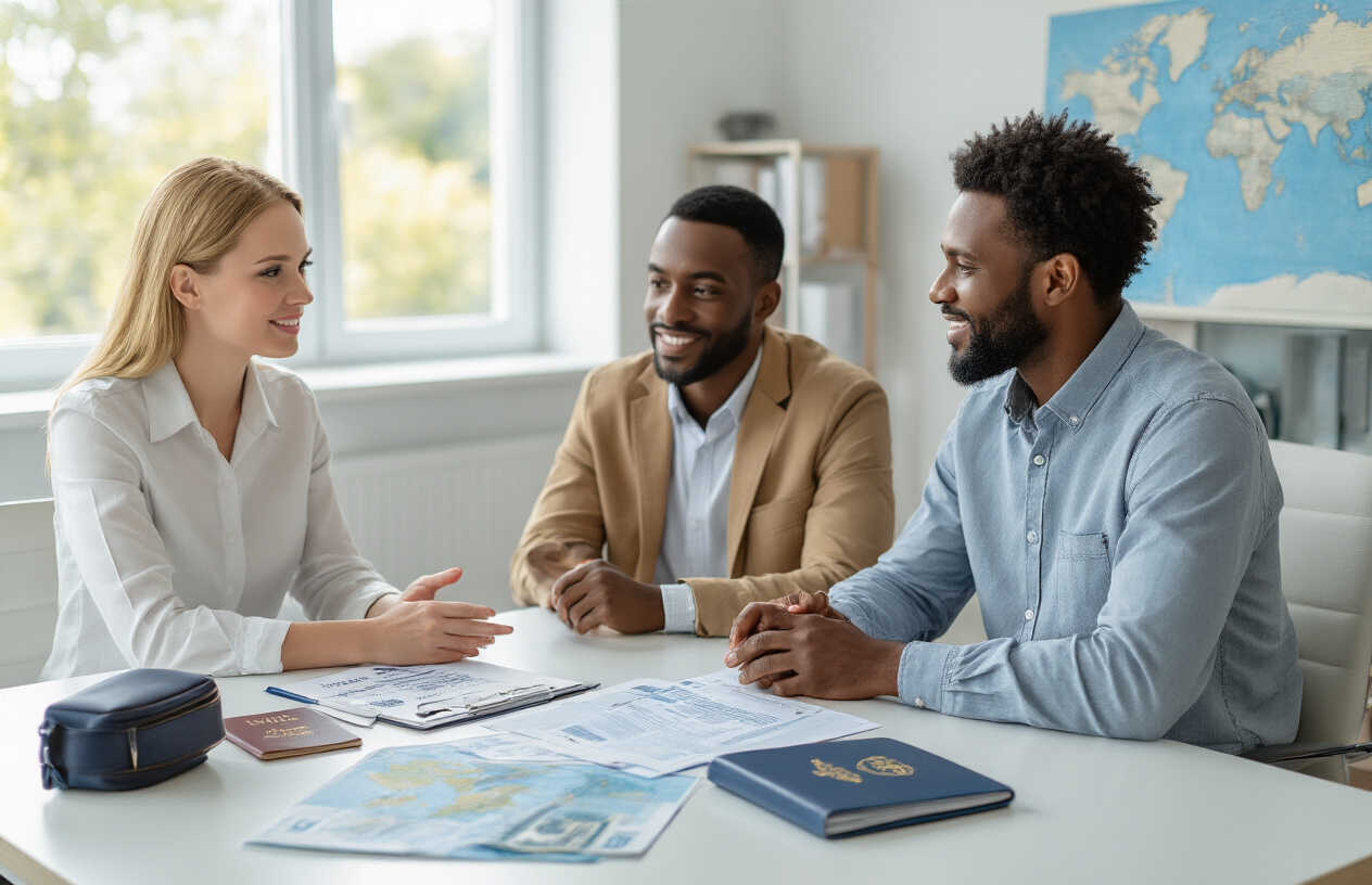 Create a realistic image of a professional insurance consultation scene with a white female insurance agent sitting across from a diverse couple (black male and white female) at a modern office desk, with travel-related items like passports, world map, luggage, and insurance policy documents spread on the desk, soft natural lighting from a window, clean contemporary office background with subtle blue accents, conveying trust and expertise in travel insurance planning, absolutely NO text should be in the scene.