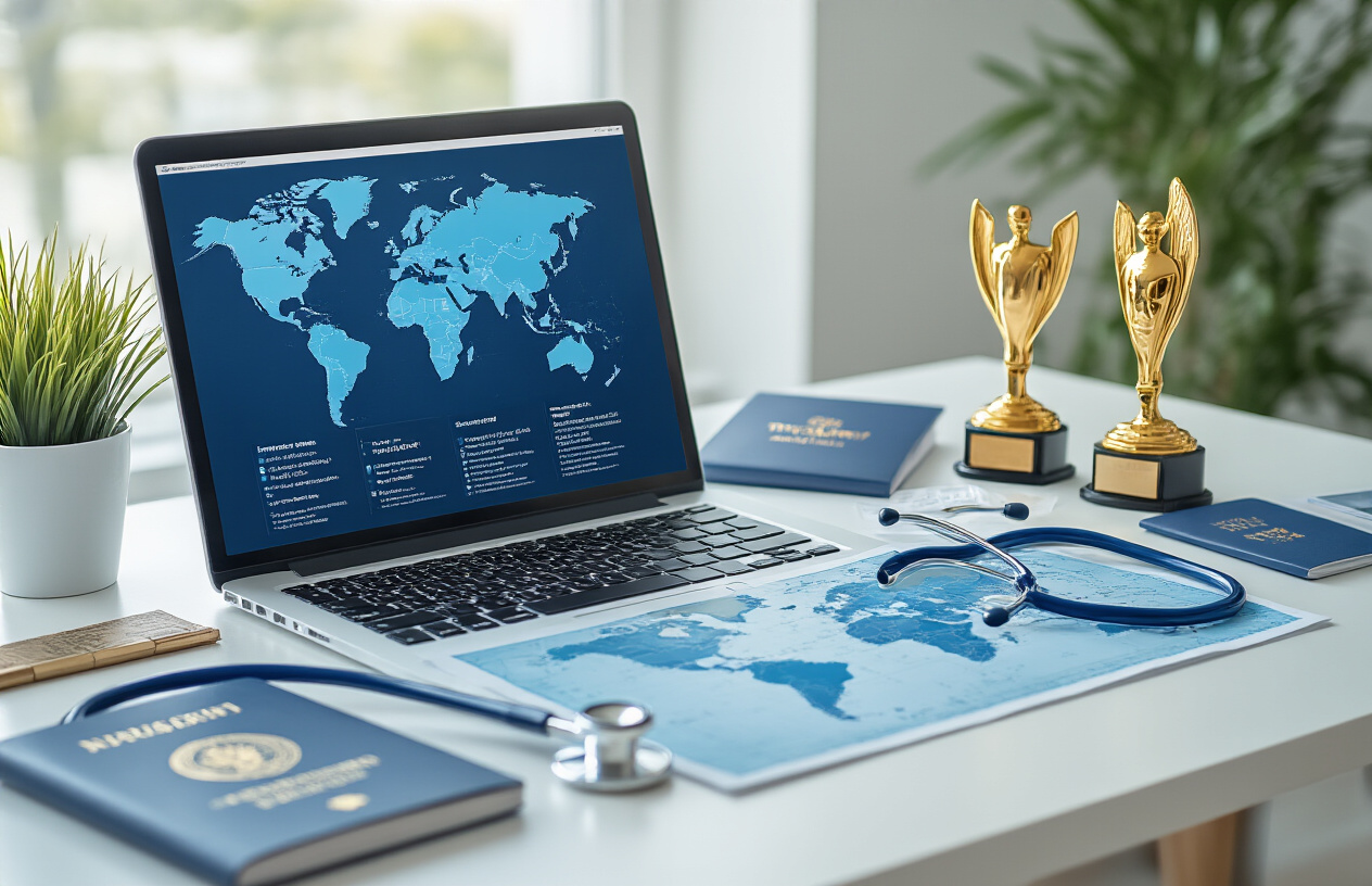 Create a realistic image of a professional business comparison scene with a pristine white desk featuring a laptop displaying travel insurance comparison charts, a world map spread out showing international coverage areas highlighted in blue, travel documents including passports and boarding passes neatly arranged, a stethoscope and medical kit symbolizing health coverage, and gold trophy or award symbols representing superior benefits, all set against a clean modern office background with soft natural lighting, professional atmosphere conveying trust and reliability. Absolutely NO text should be in the scene.