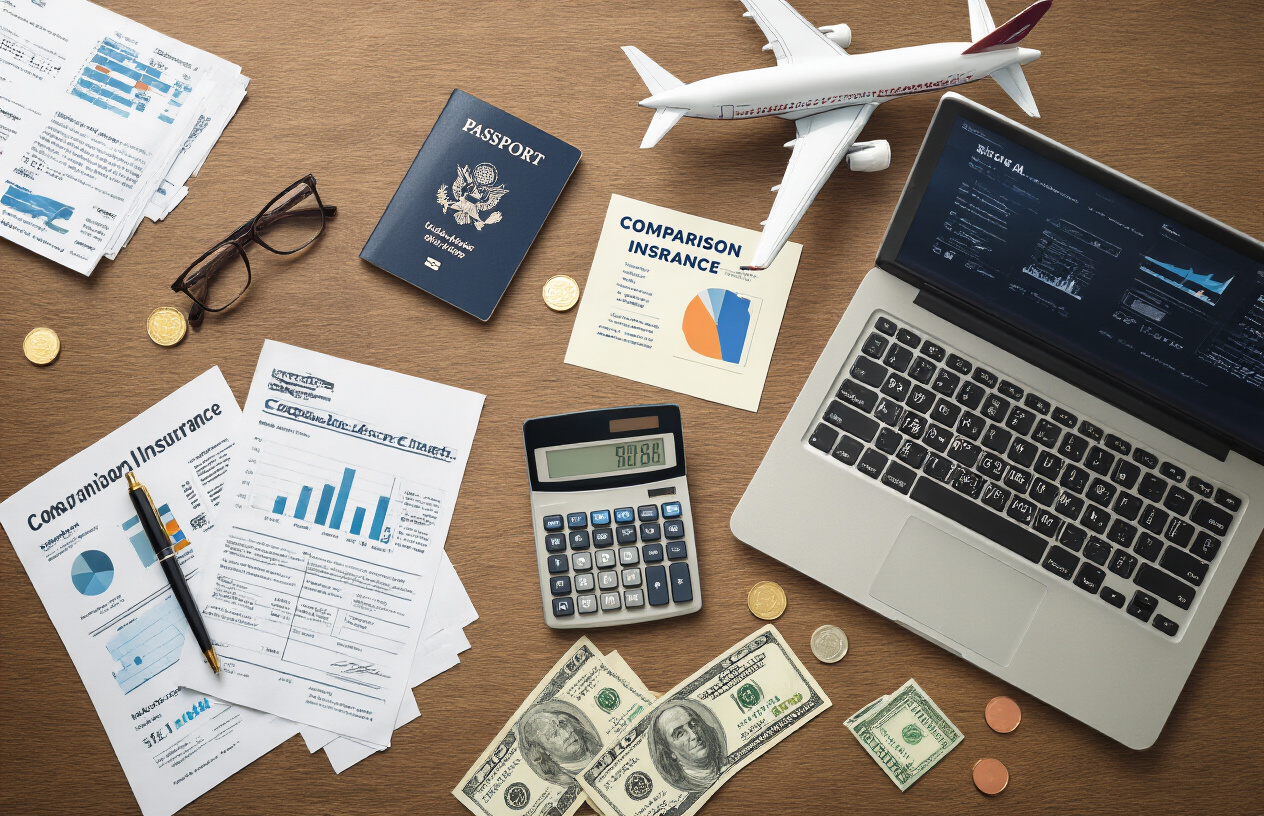 Create a realistic image of a modern office desk scene with financial documents, calculator, laptop displaying comparison charts, travel insurance brochures scattered on wooden surface, a passport, airplane model, and scattered coins and dollar bills, professional indoor lighting, clean business atmosphere, shot from above at slight angle. Absolutely NO text should be in the scene.
