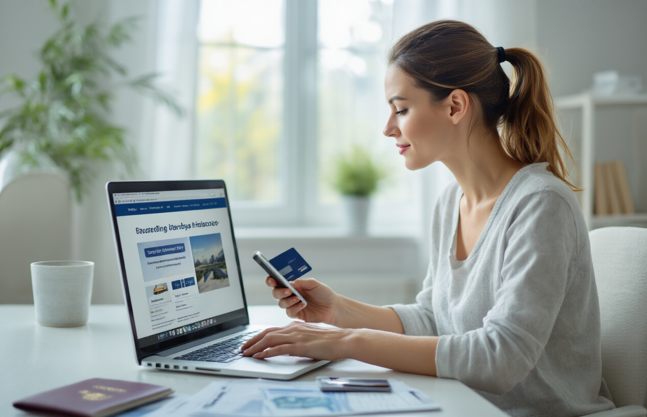 Create a realistic image of a white female in her 30s sitting at a modern desk with a laptop computer open, viewing a travel insurance website on screen, holding a smartphone in one hand and a credit card in the other, with travel documents and a passport visible on the desk surface, bright natural lighting from a window, clean modern home office background with soft blues and whites, conveying a professional purchasing process atmosphere, absolutely NO text should be in the scene.