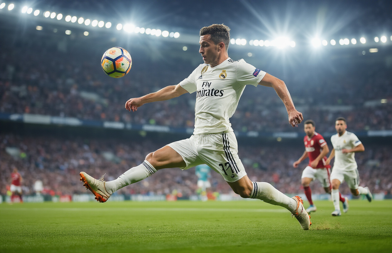 Create a realistic image of a white male La Liga midfielder in mid-action on a football pitch, precisely executing a strategic pass with focused concentration, the ball captured mid-flight between his foot and a teammate in the background, set during a match with dramatic stadium lighting casting sharp shadows on the green grass, other players positioned strategically around the field showing the tactical formation, with the atmosphere conveying the intensity and precision of professional football, shot from a low angle to emphasize the skill and control of the passing technique. Absolutely NO text should be in the scene.