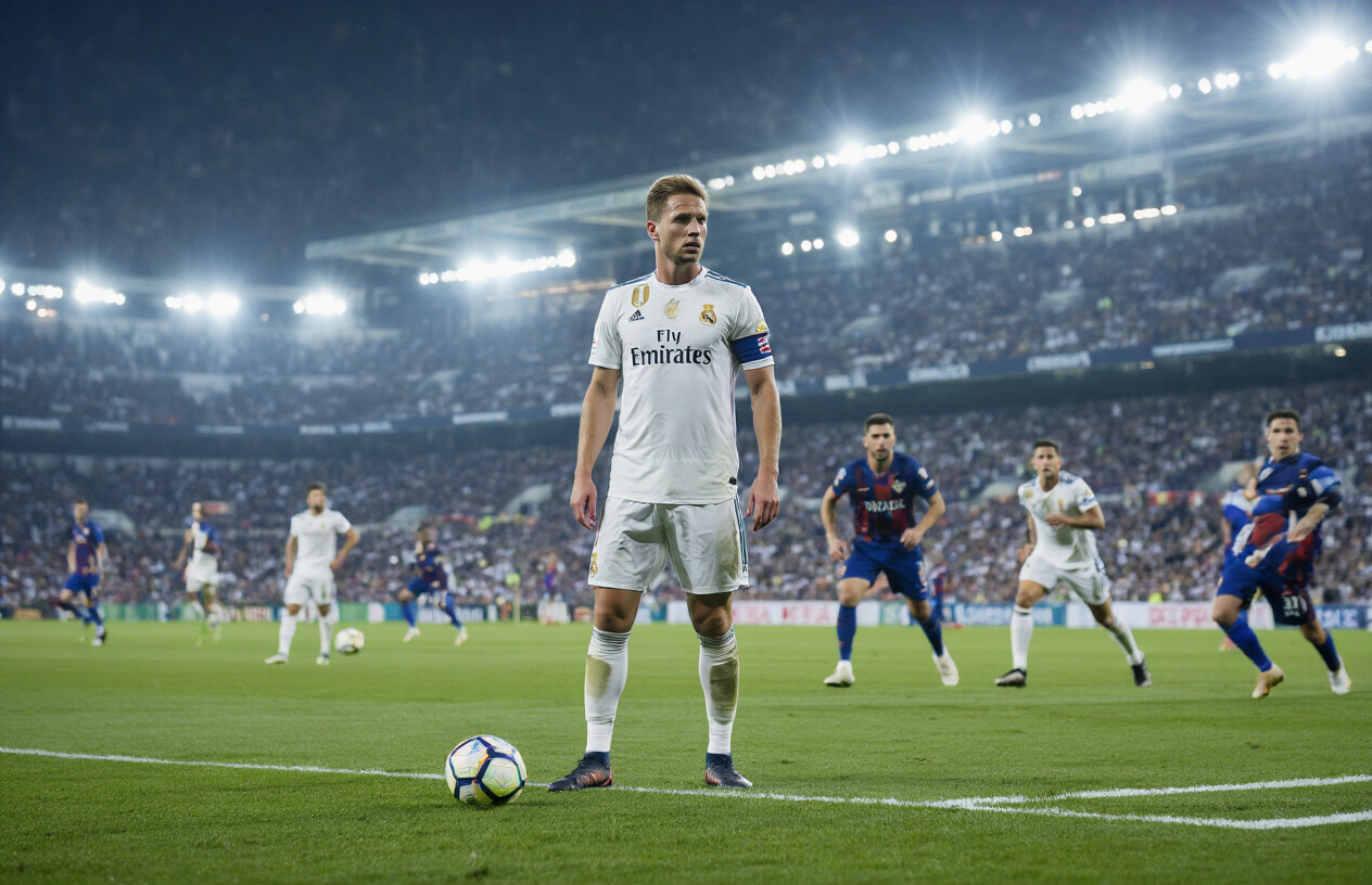 Create a realistic image of a white male midfielder in a La Liga football uniform standing in the center of a football pitch, scanning the field with an intense, focused expression while multiple players are positioned around him in mid-game action, with the player's body language showing anticipation and tactical awareness as he reads the developing play, set during a match with stadium lighting creating dramatic shadows on the green turf, capturing the moment of strategic decision-making and game intelligence. Absolutely NO text should be in the scene.