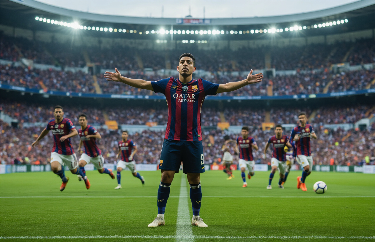 Create a realistic image of a Hispanic male midfielder in La Liga jersey positioned in the center of a soccer field with arms outstretched in a conducting gesture, surrounded by teammates making tactical runs and movements around him like musicians following a conductor, captured from a slightly elevated angle showing the organized flow of players across the green pitch under bright stadium lighting, with the midfielder's focused expression and commanding posture emphasizing his role as the game's orchestrator, absolutely NO text should be in the scene.