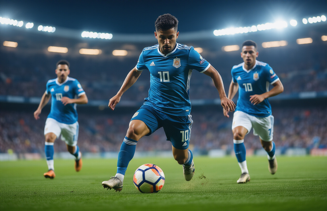 Create a realistic image of a skilled Hispanic male midfielder in La Liga uniform dribbling a soccer ball with precise footwork on a professional stadium pitch, showcasing close ball control and technical manipulation as he navigates between two opposing players, with the ball appearing to stick to his feet demonstrating masterful technique, set against a blurred stadium background with dramatic evening lighting casting long shadows on the green grass, capturing the intensity and precision of technical skill in controlling game tempo, Absolutely NO text should be in the scene.
