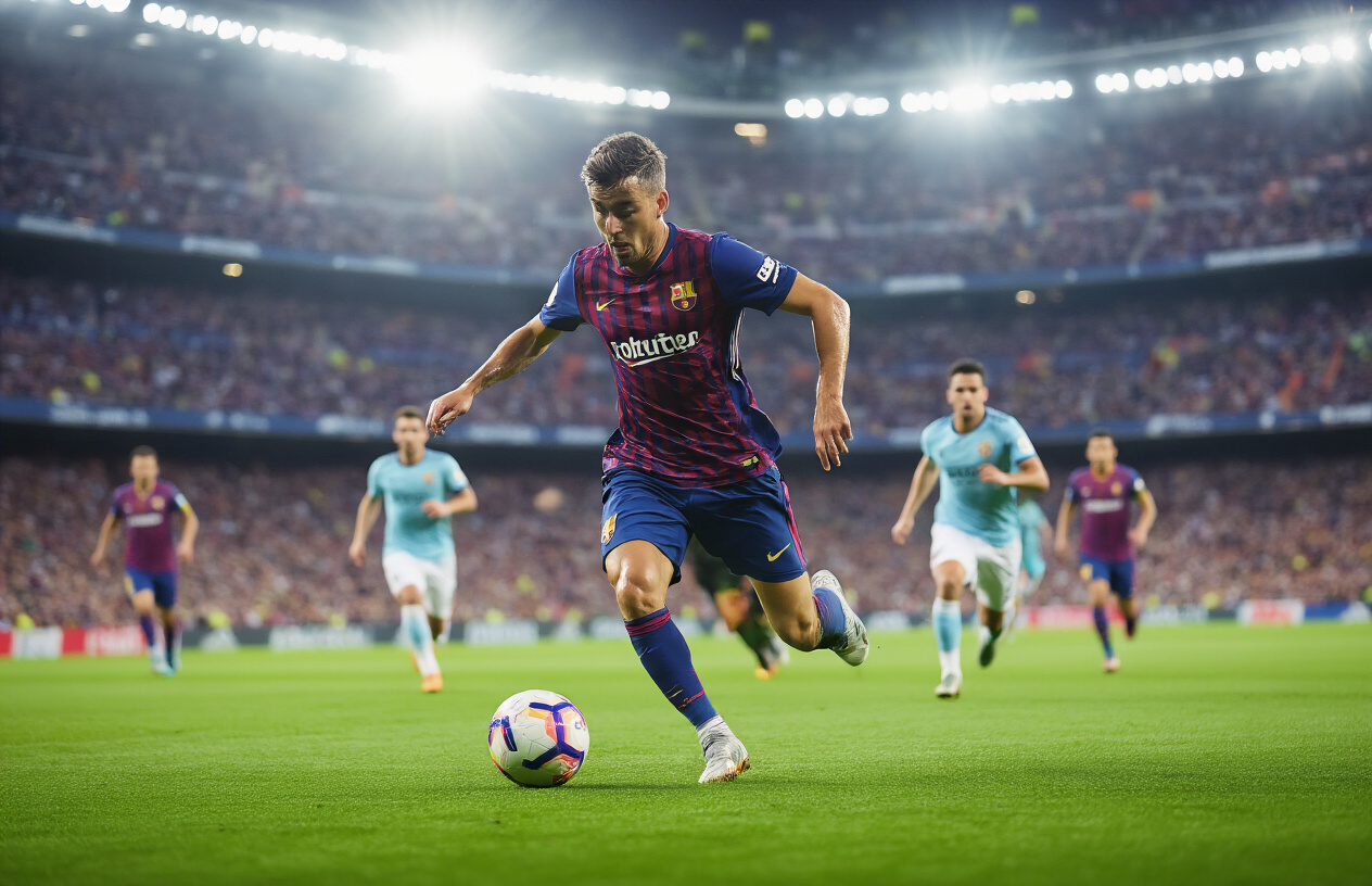 Create a realistic image of a La Liga soccer midfielder in action on a pristine green football pitch, with the player controlling the ball at his feet while scanning the field, surrounded by other players in the background creating a sense of tactical positioning and game flow, under bright stadium lighting with a packed crowd in the blurred background, capturing the essence of tempo control and strategic play in Spanish football, shot from a dynamic angle that emphasizes the midfielder's central role in orchestrating the game, Absolutely NO text should be in the scene.