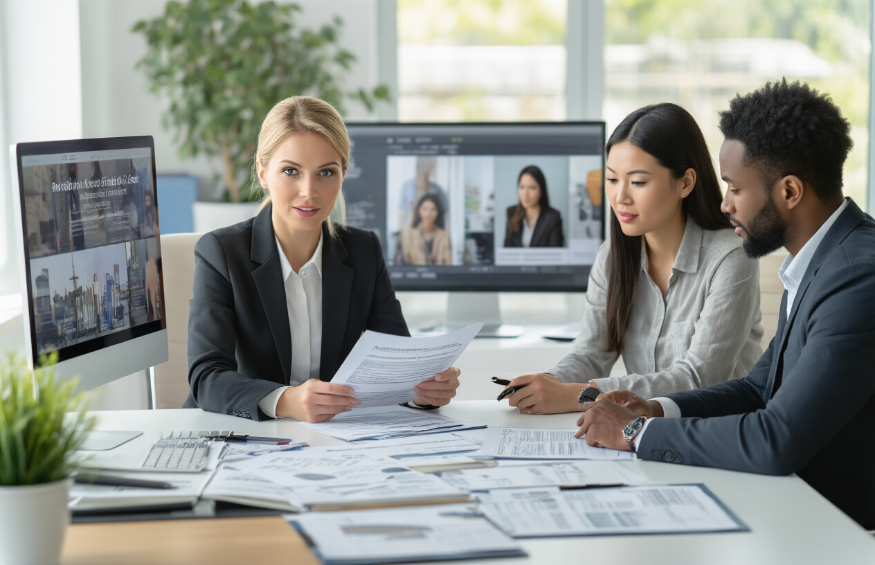 Create a realistic image of a professional white female insurance advisor sitting at a modern office desk, explaining insurance documents to a diverse group of media professionals including a black male journalist and an Asian female photographer, with legal documents and insurance policies spread across the desk, computer screens displaying media-related content in the background, bright office lighting creating a trustworthy business atmosphere, absolutely NO text should be in the scene.