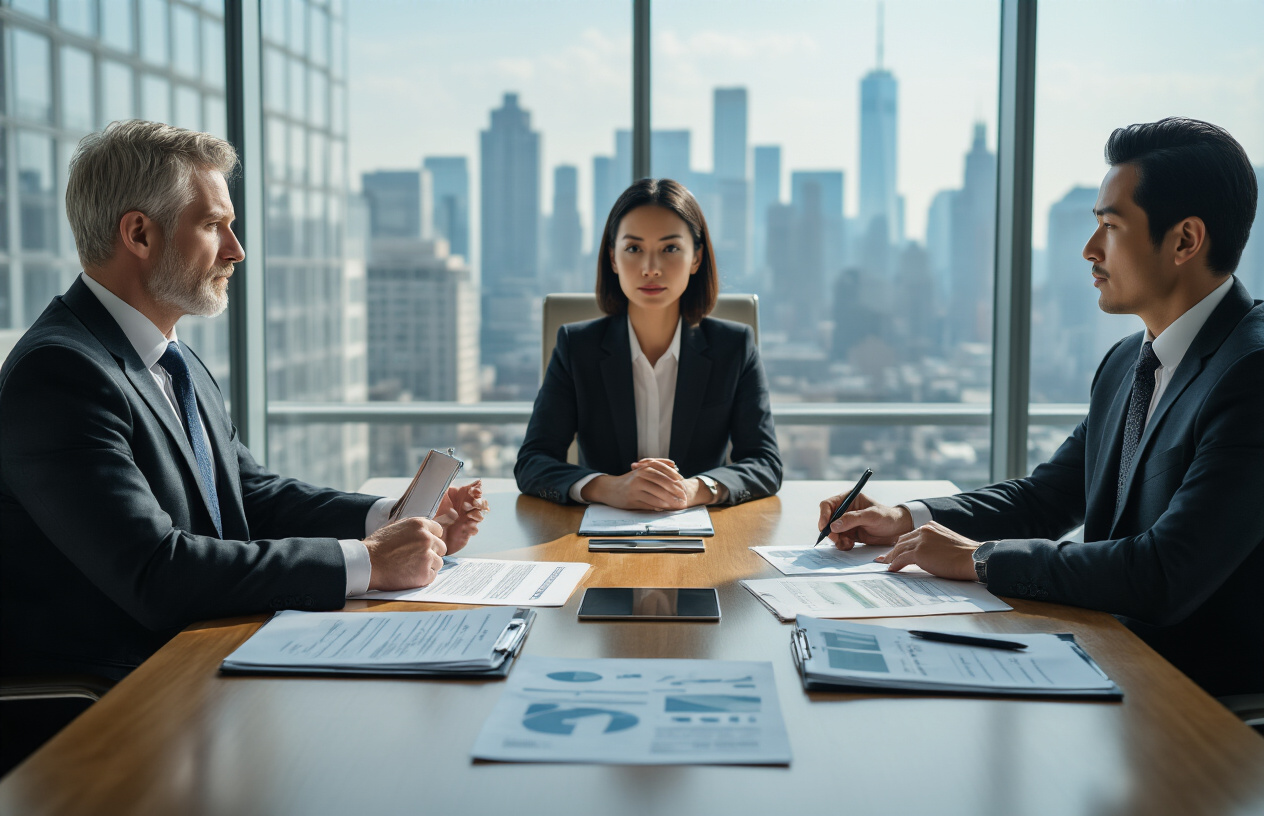 Create a realistic image of a professional office conference room with a diverse group of business people including a white male lawyer in a suit, a black female media professional, and an Asian male insurance agent sitting around a modern conference table with laptops, legal documents, and insurance claim folders spread across the surface, with a large window showing a city skyline in the background, bright natural lighting illuminating the scene, conveying a serious business discussion atmosphere about media liability issues, absolutely NO text should be in the scene.