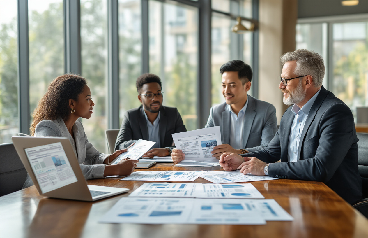 Create a realistic image of a professional white male business consultant in a modern office setting sitting across from a diverse group of media professionals including a black female journalist and an Asian male photographer, reviewing multiple insurance policy documents spread across a polished conference table, with laptops open showing comparison charts, warm natural lighting from large windows, conveying a collaborative decision-making atmosphere for selecting appropriate coverage options, absolutely NO text should be in the scene.